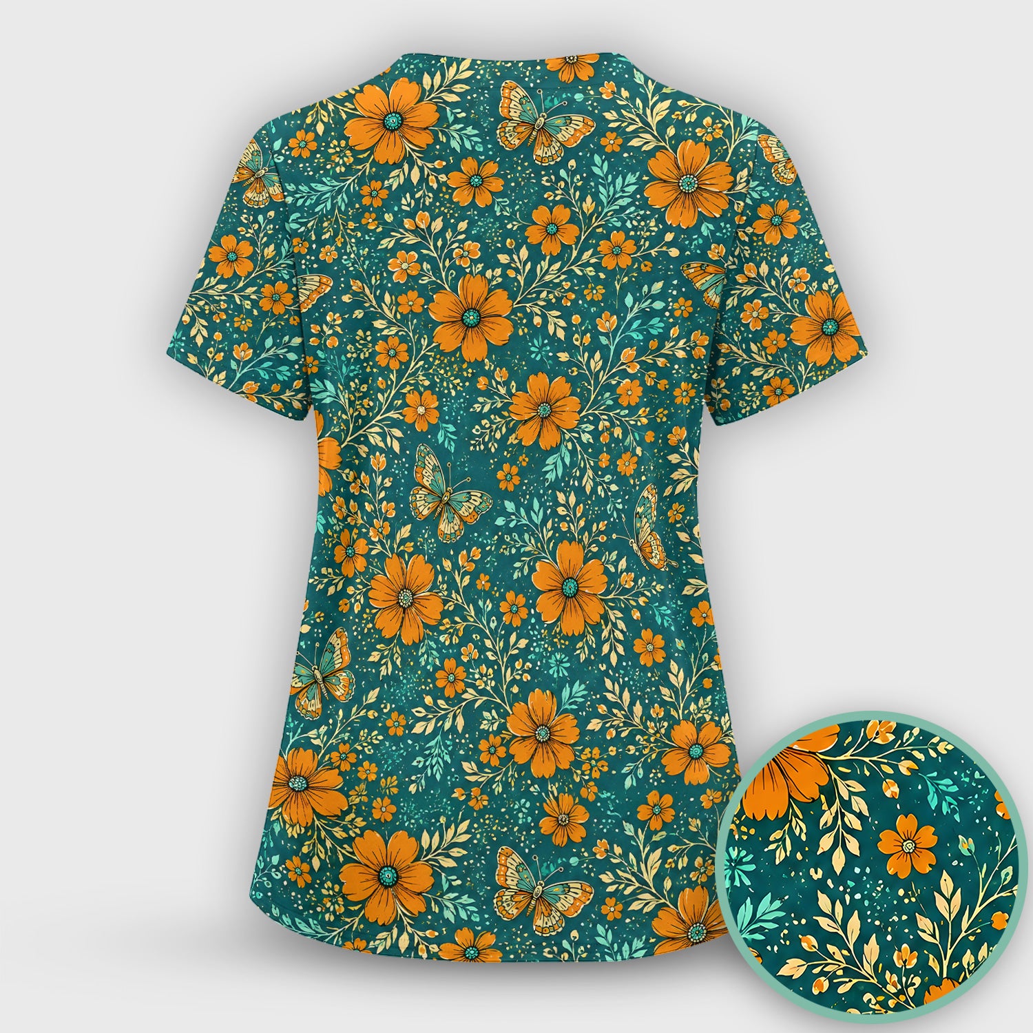 Orange Floral Butterfly Vine Pattern Scrub Top, Comfortable Scrubs for Nurses