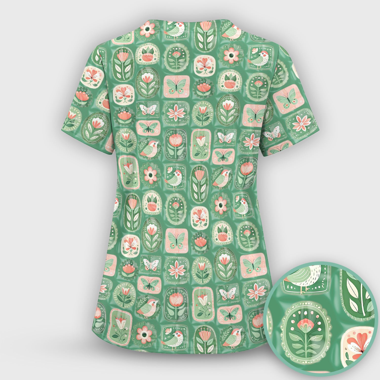 Folk Art Floral Bird Butterfly Garden Pattern Scrub Set, Scrub Pants and V Neck Top