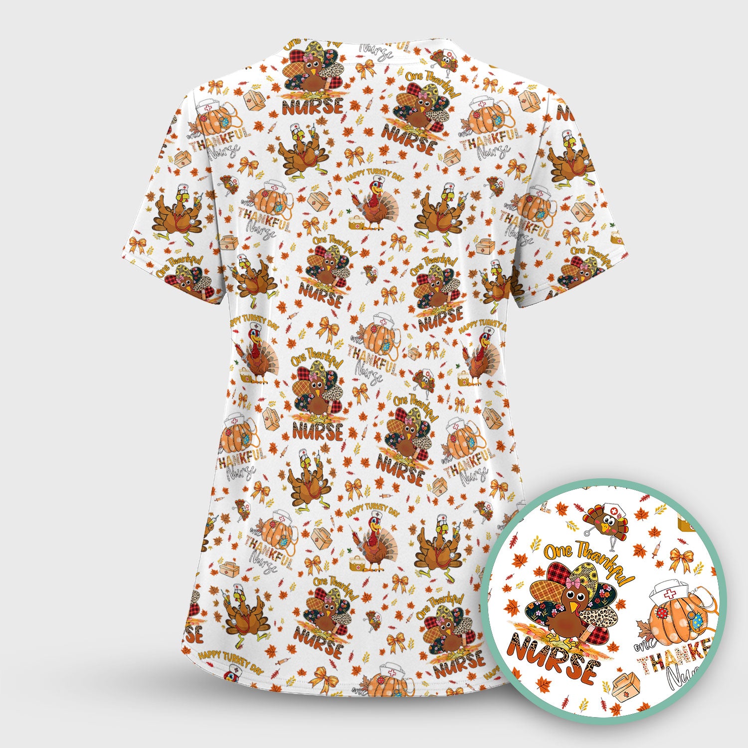 Thanksgiving Nurse Shirt for Women - Turkey Pumpkin Scrub Top for Nurses - Fall Med Uniform for RN CNA LPN