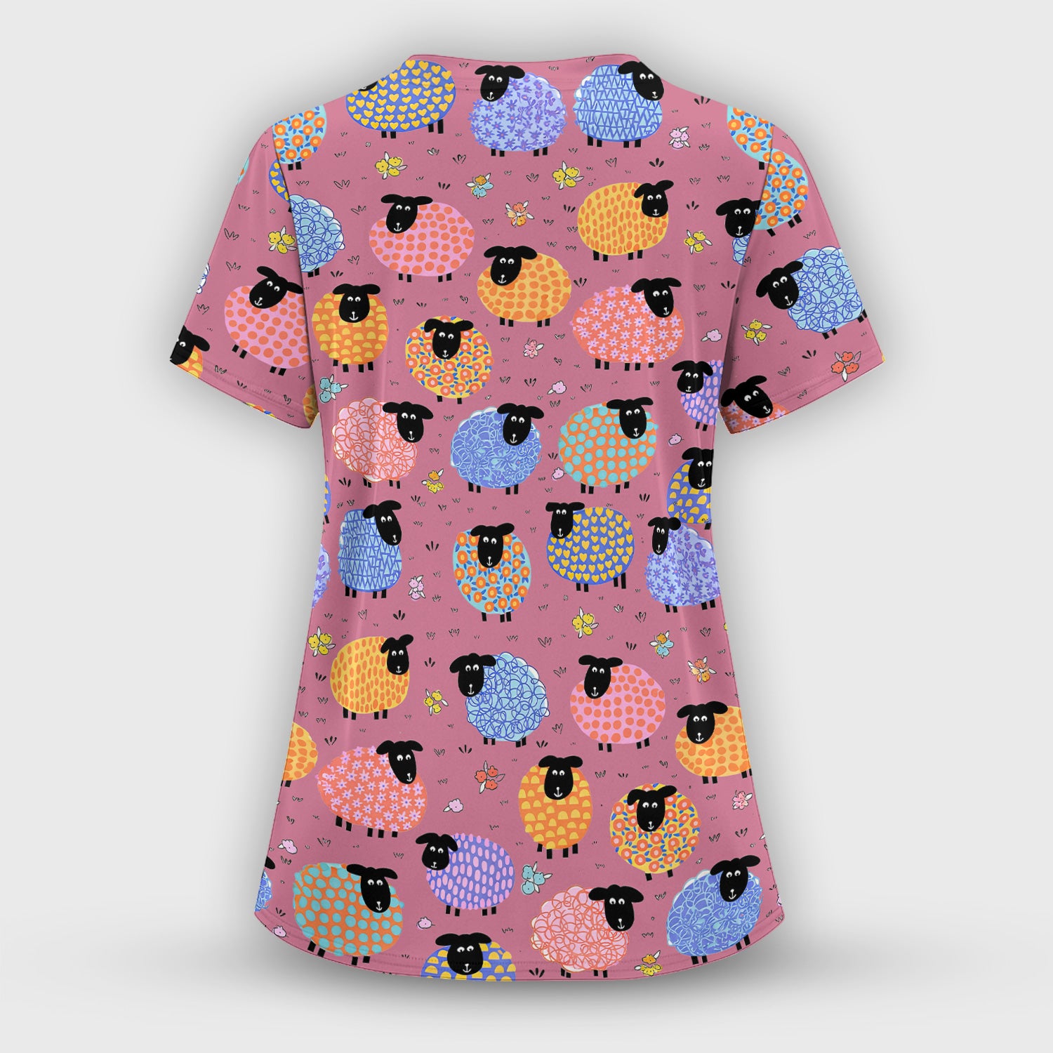 Funny Colorful Sheep Pattern Scrub Set, Scrub Pants and V Neck Top