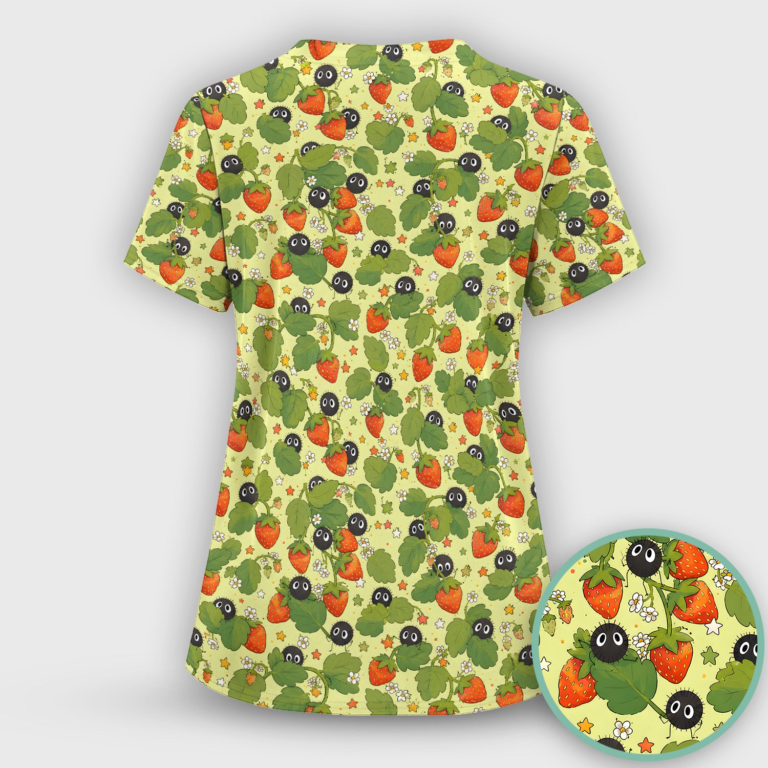Cute Strawberry Soot Sprite Pattern Scrub Set, Scrub Pants and V Neck Top