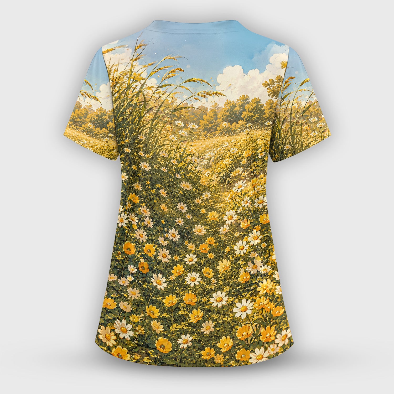 Sunny Garden Cat Nurse Pattern, Floral Medical Scrub Top, Comfortable Scrubs for Nurses