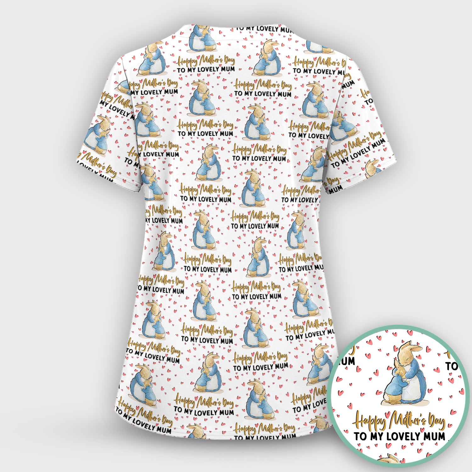 Happy Mothers Day Bunny Love Pattern Scrub Sets, Scrub Pants and V Neck Top
