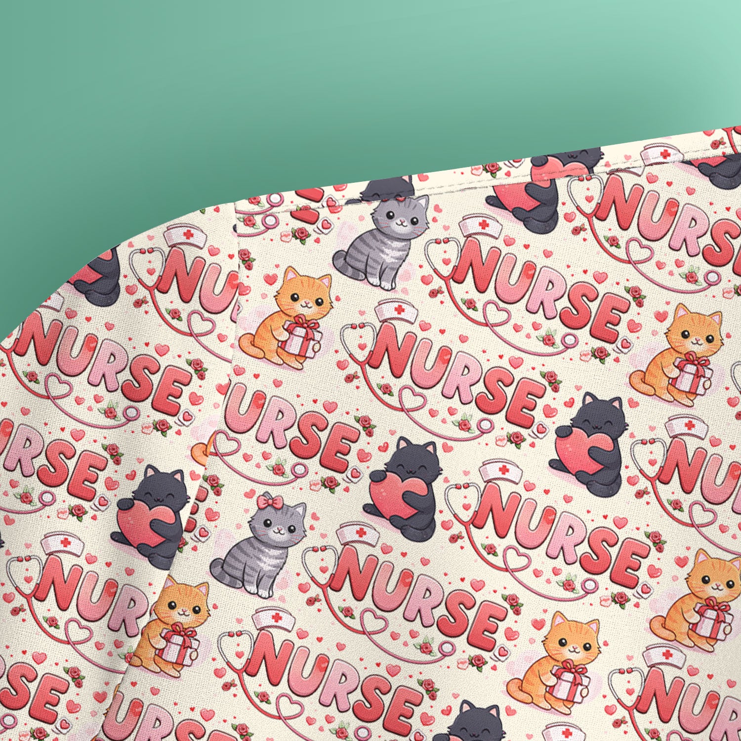 Nurse Cat Heart Pattern Valentine Scrub Top, Comfortable Scrubs for Nurses