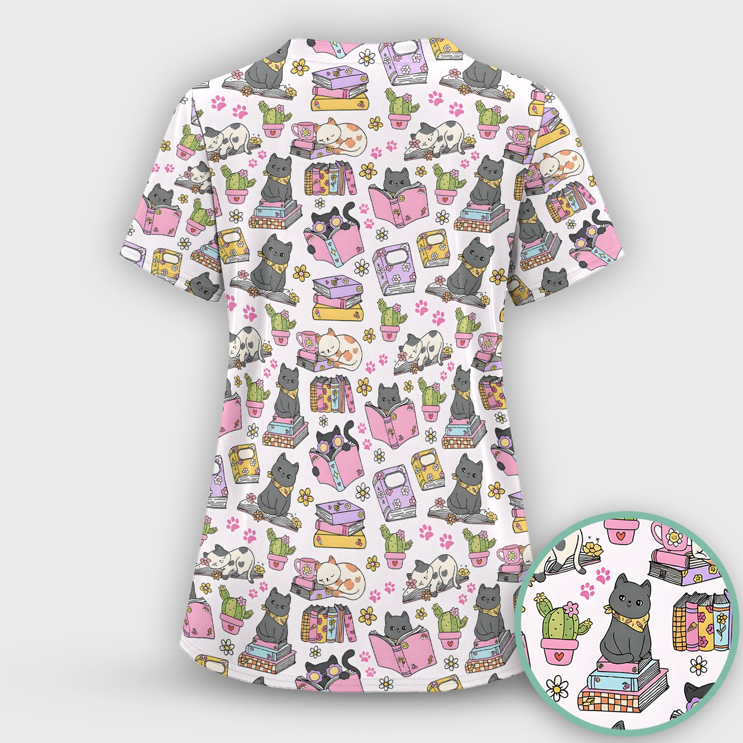 Cute Cat Book Cactus Seamless Pattern Scrub Set, Scrub Pants and V Neck Top