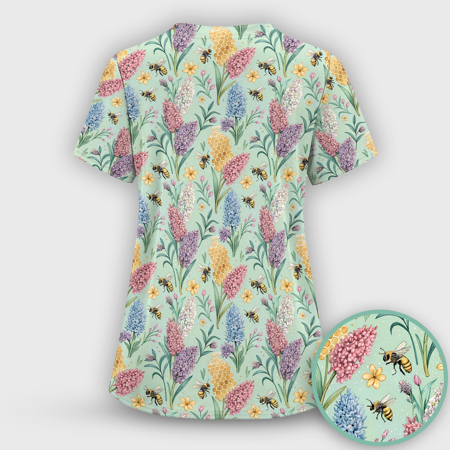 Pastel Wildflower Honeybee Pattern Scrub Top, Comfortable Scrubs for Nurses