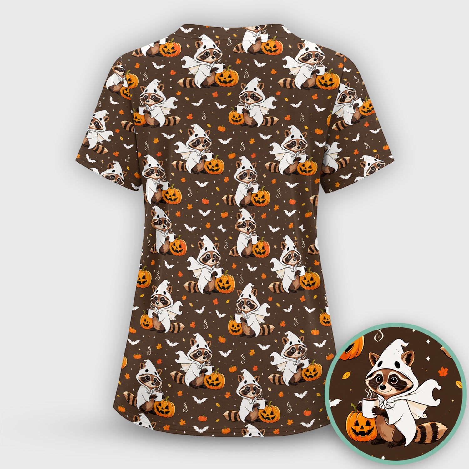 Halloween Ghost Raccoon Pumpkin Scrub Set, Scrub Pants and V Neck Top