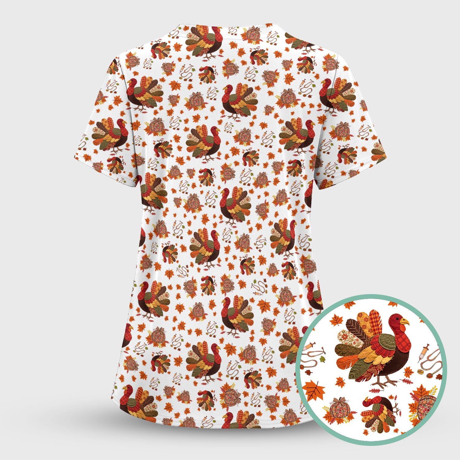 Fall Leaves Thanksgiving Scrubs for Nurses - Comfortable Scrub Tops - Turkey Nursing Uniform Gift for Women