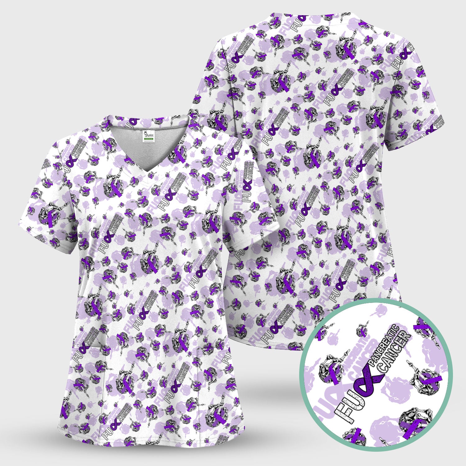 Fuck Pancreatic Cancer Scrub Top - Purple Ribbon Awareness Nurse Shirt - Bold Medical Uniform Gift for Cancer Support Fighters