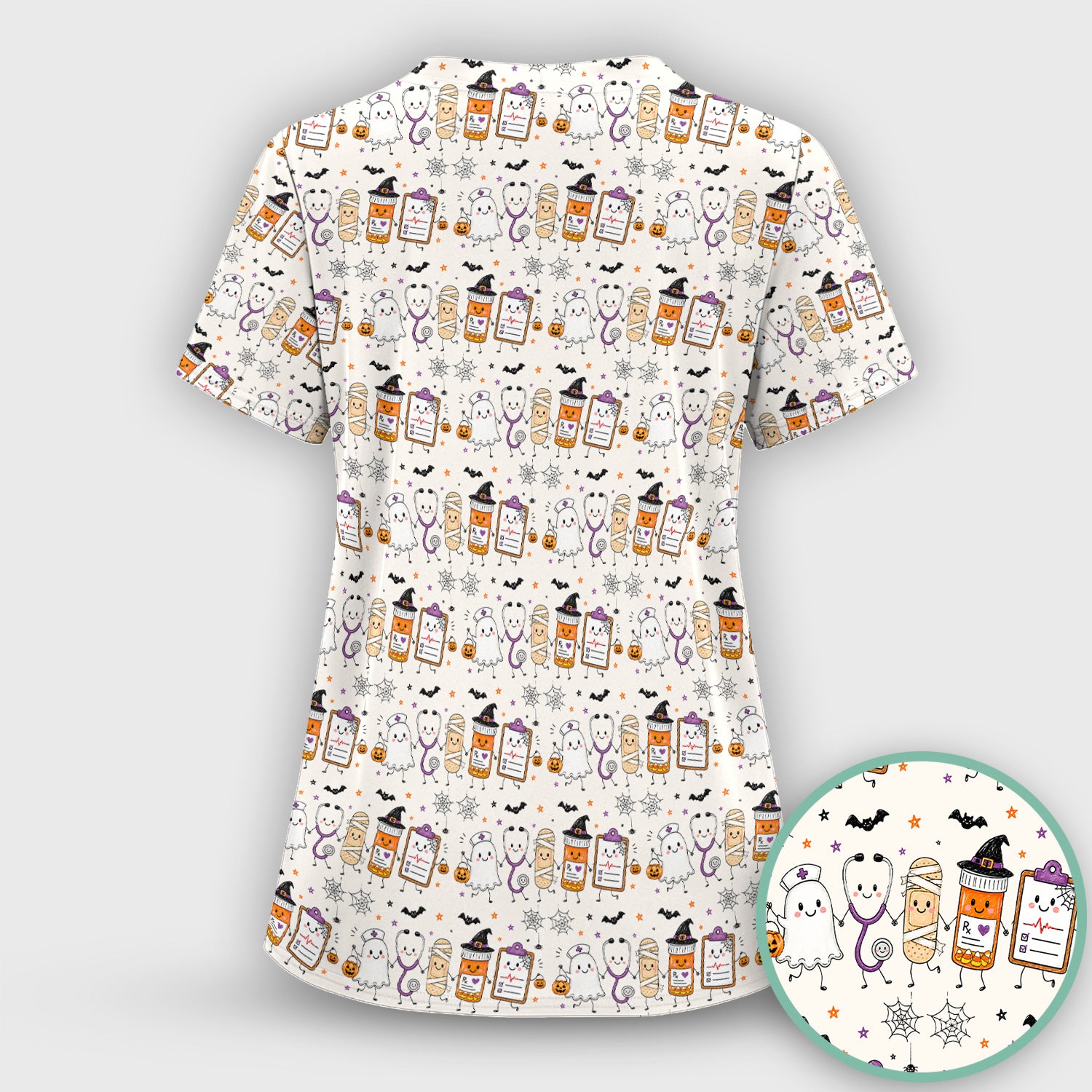 Halloween Medical Characters Print Scrub Top, Comfortable Scrubs for Nurses