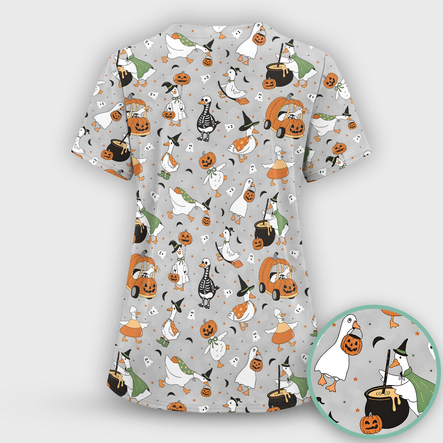 Goose with Pumpkin Checkered Print Scrub Top, Comfortable Scrubs for Nurses