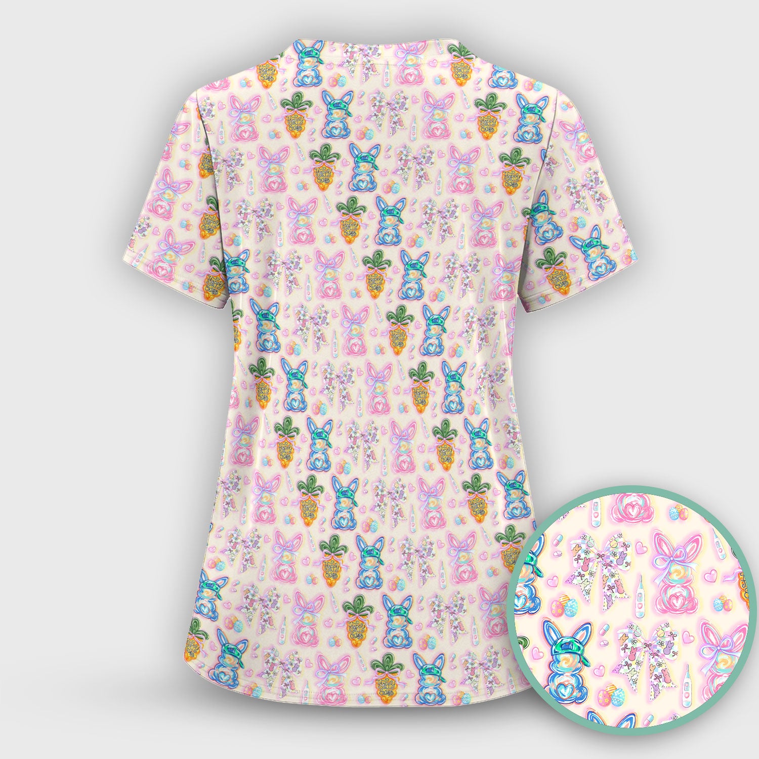 Easter Bunny Carrot Bow Floral Print Scrub Top, Comfortable Scrubs for Nurses