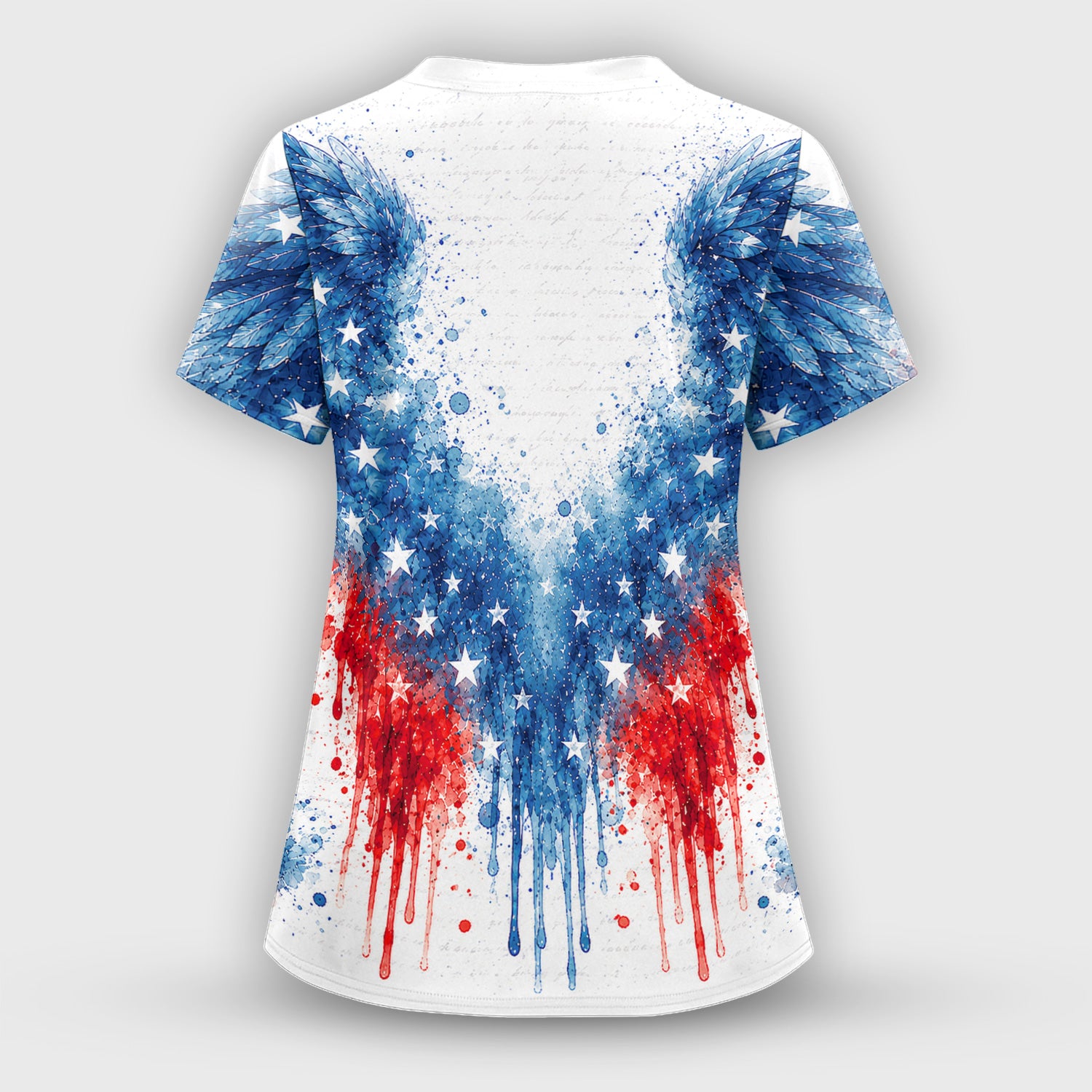 Patriotic Nurse Angel Wings Print Scrub Set, Scrub Pants and V Neck Top