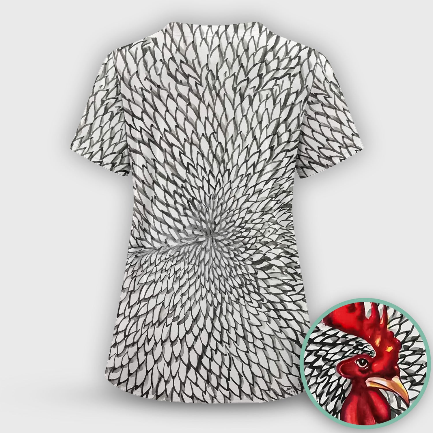 Watercolor Rooster Feather Pattern Scrub Top, Comfortable Scrubs for Nurses