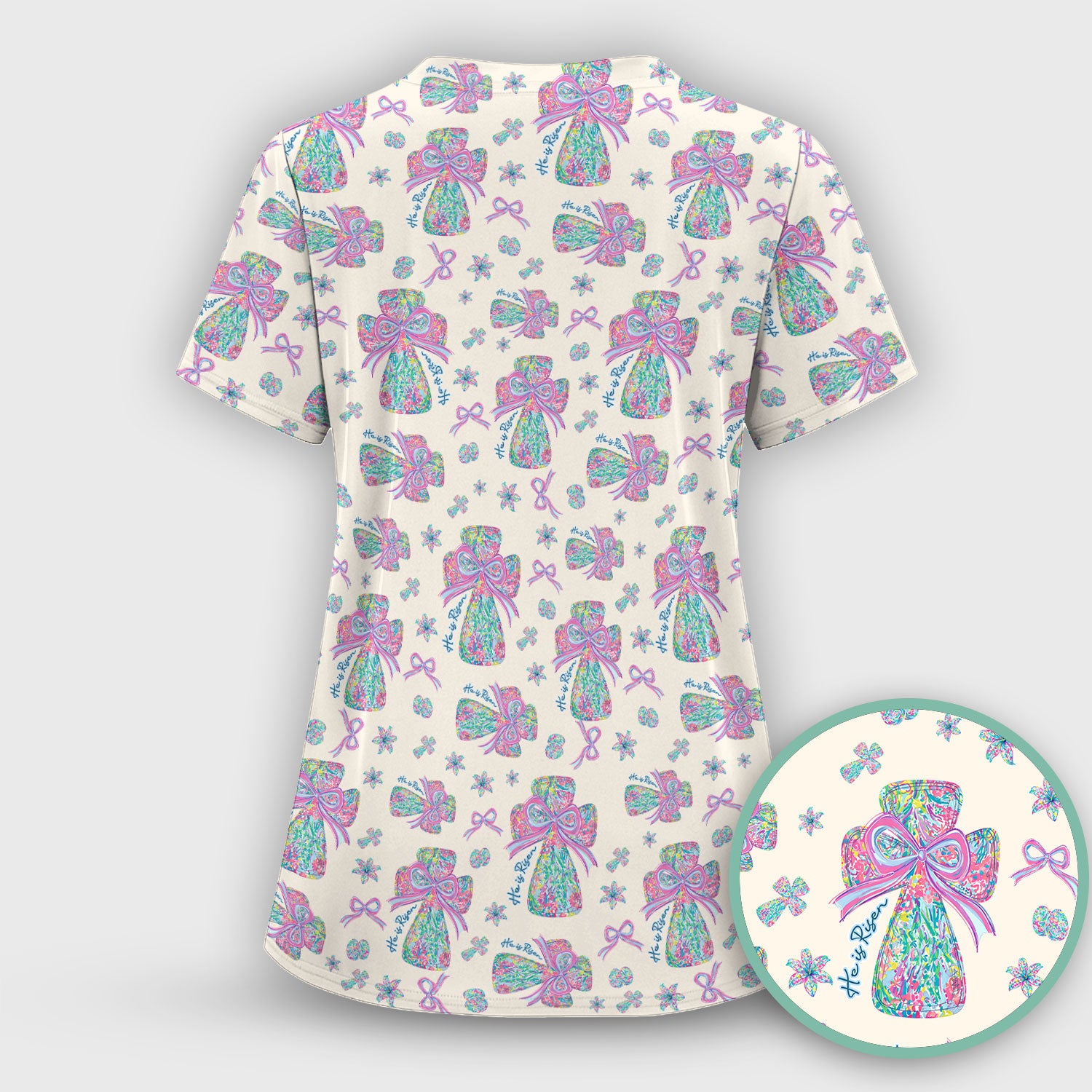 Colorful Bow Pattern Scrub Top, Breathable Fabrics Nursing Uniform