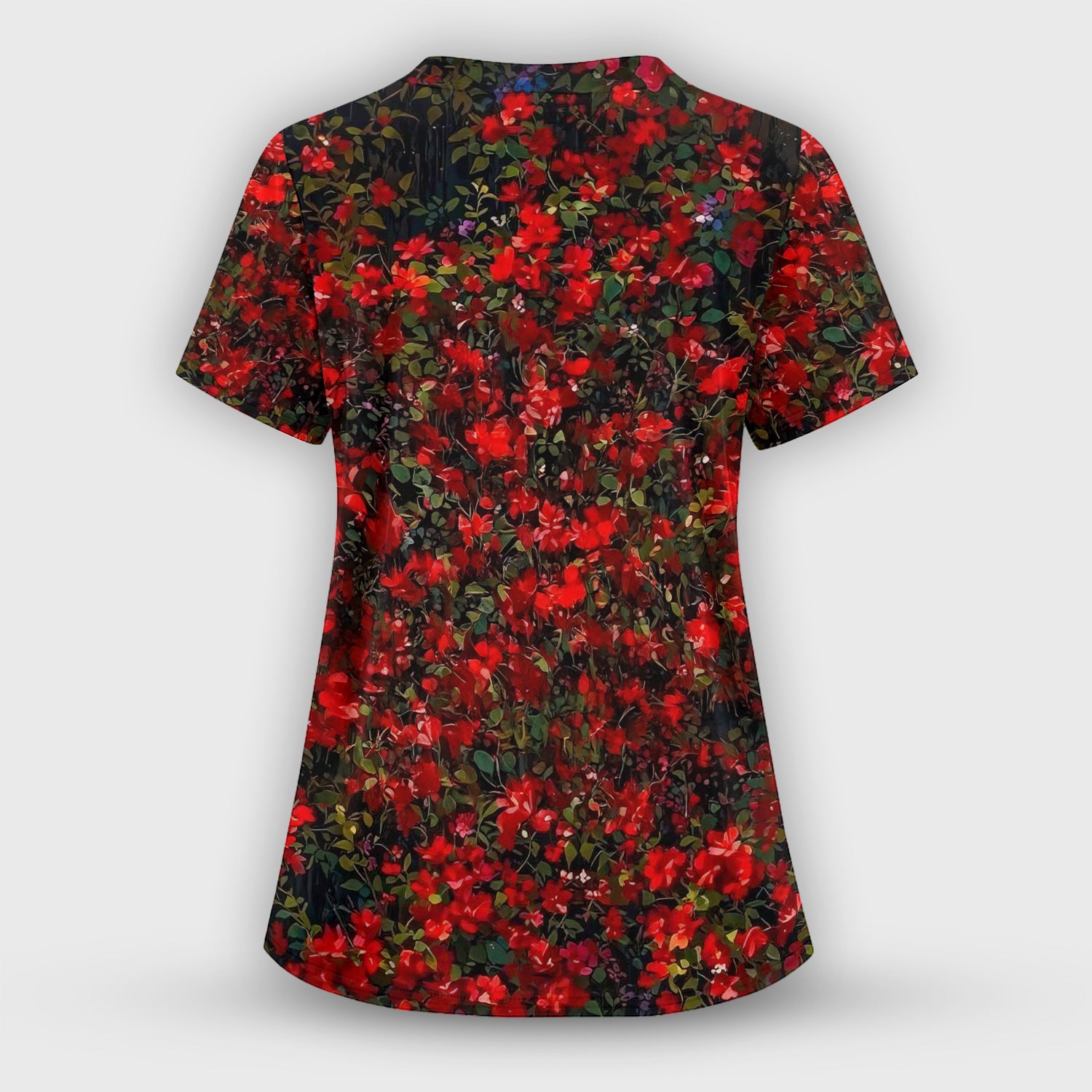 Black Cat Sitting By Red Floral Garden Window Scrub Set, Scrub Pants and V Neck Top
