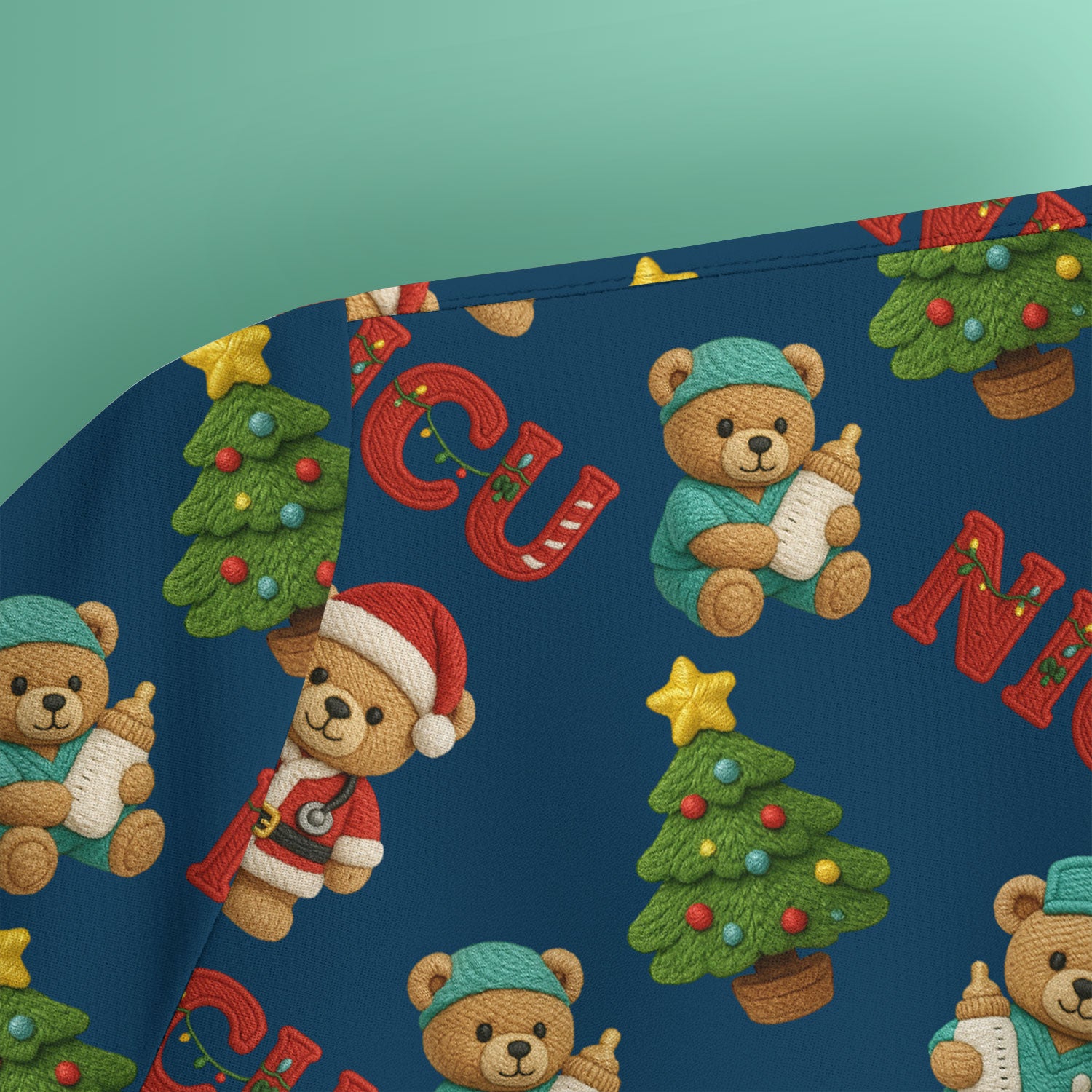 Festive Christmas NICU Nurse Teddy Bear Pattern, Breathable Fabrics Nursing Uniform