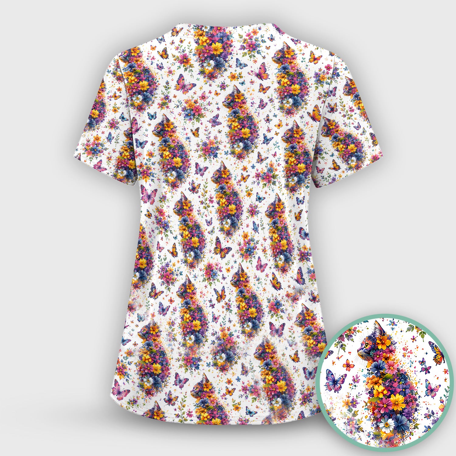 Cute Floral Cat With Butterfly Pattern Scrub Top, Comfortable Scrubs for Nurses