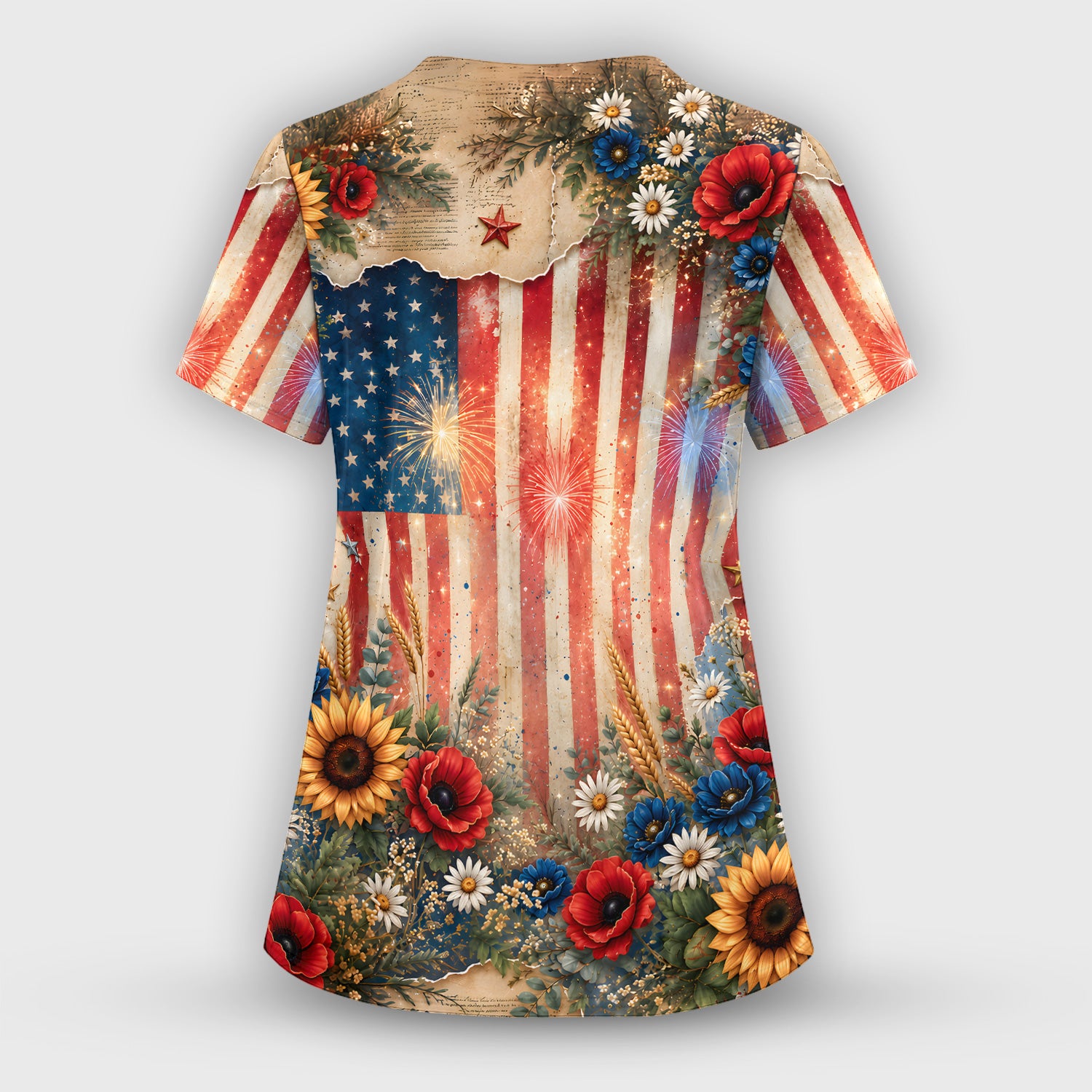 Patriotic Highland Cow Nurse for RN, CNA, Healthcare Workers Scrub Top, Comfortable Scrubs for Nurses