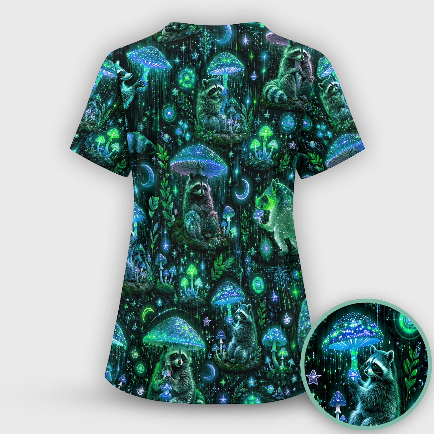 Glowing Raccoon Forest Pattern Scrub Set, Scrub Pants and V Neck Top