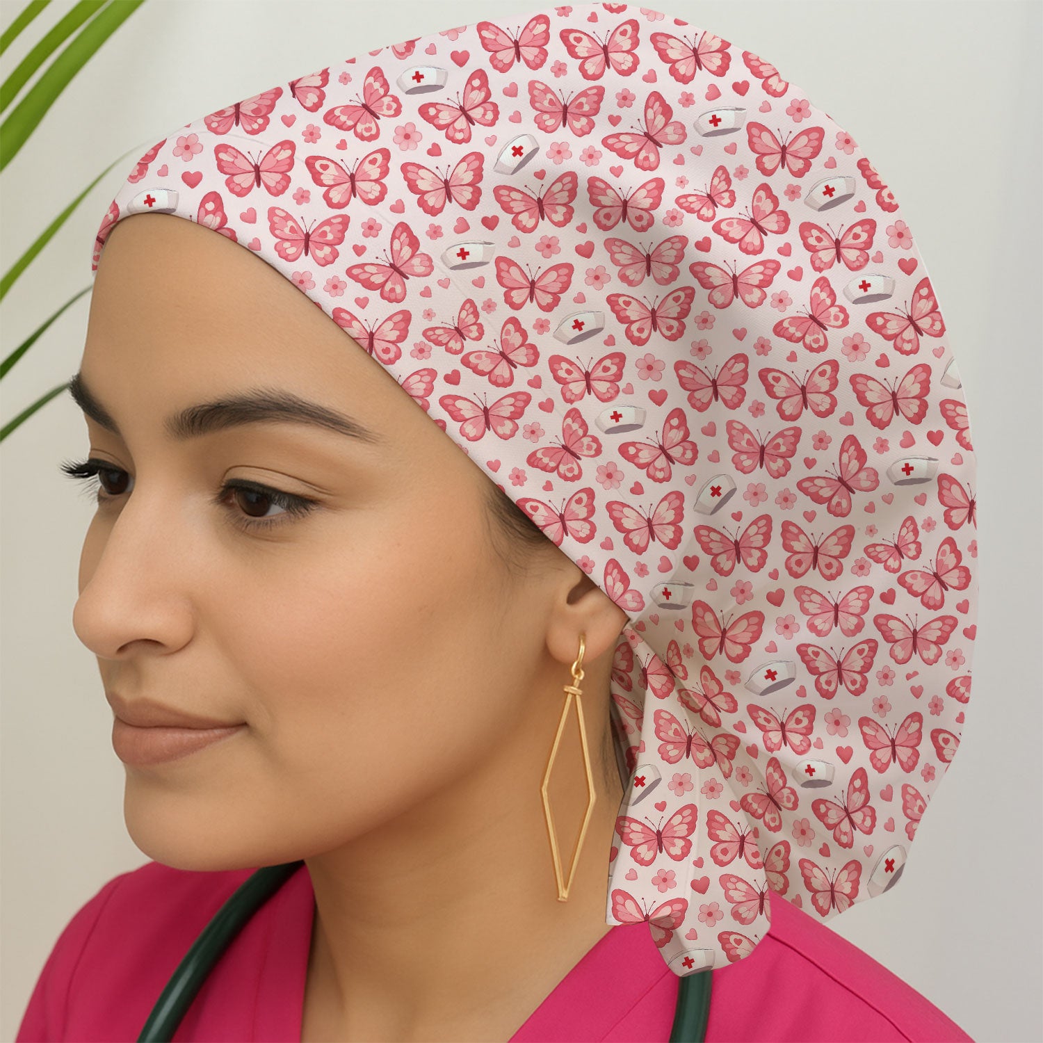 Valentine Butterfly Pattern Nurse Scrub Cap, Pink Heart Medical Hat For Women, Breathable Fabrics Nursing Uniform