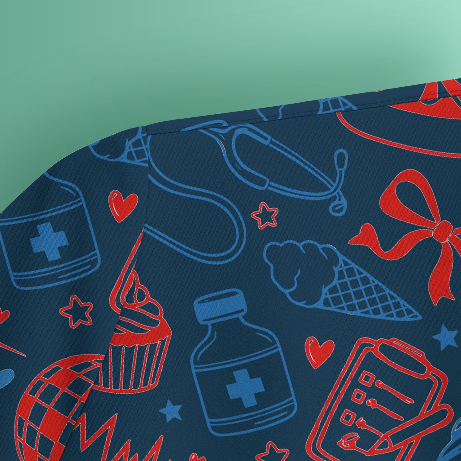 Patriotic Nurse Medical Icons Pattern Scrub Top, Breathable Fabrics Nursing Uniform