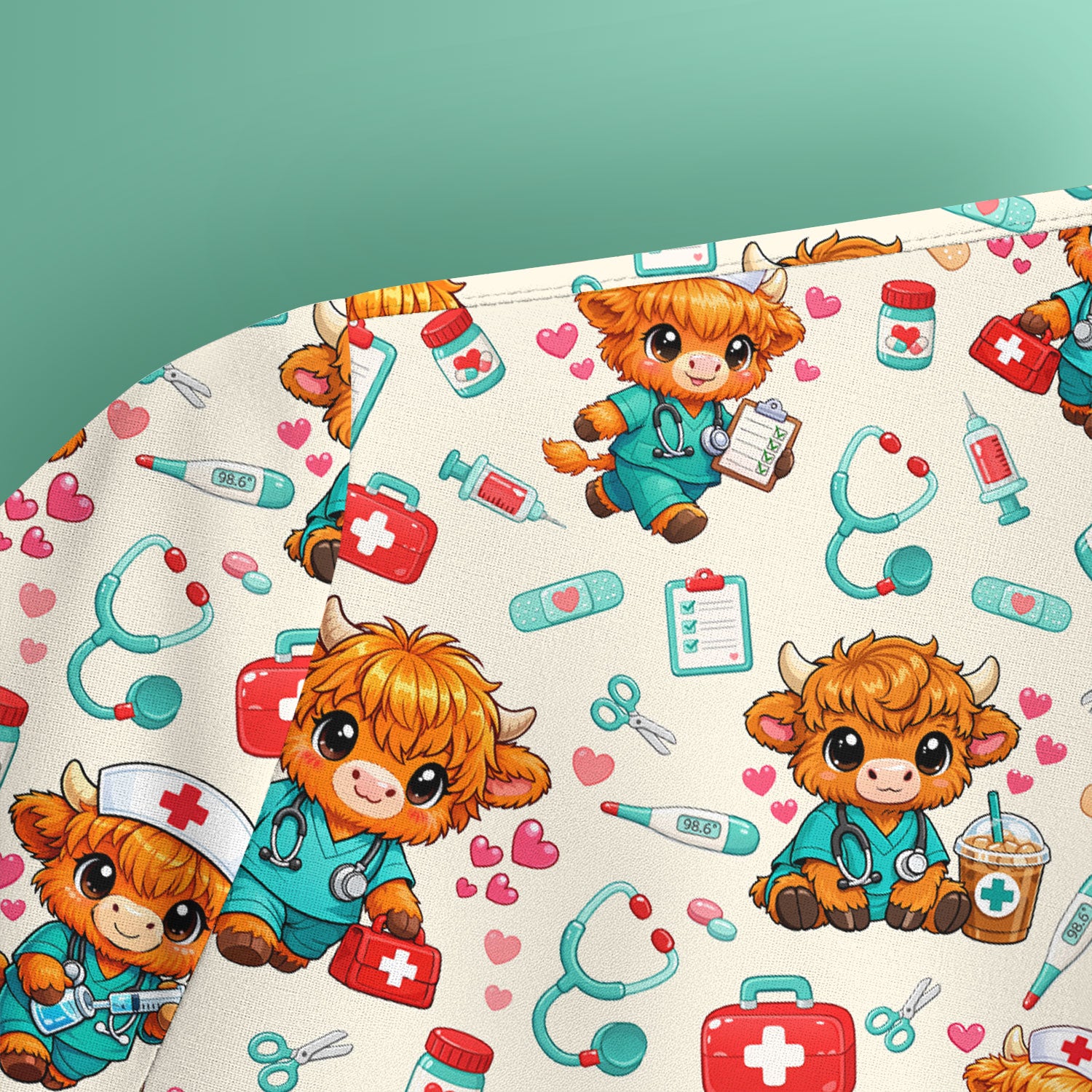 Cute Highland Cow Nurse Scrub Top, Kawaii Medical Pattern Shirt, Breathable Fabrics Nursing Uniform