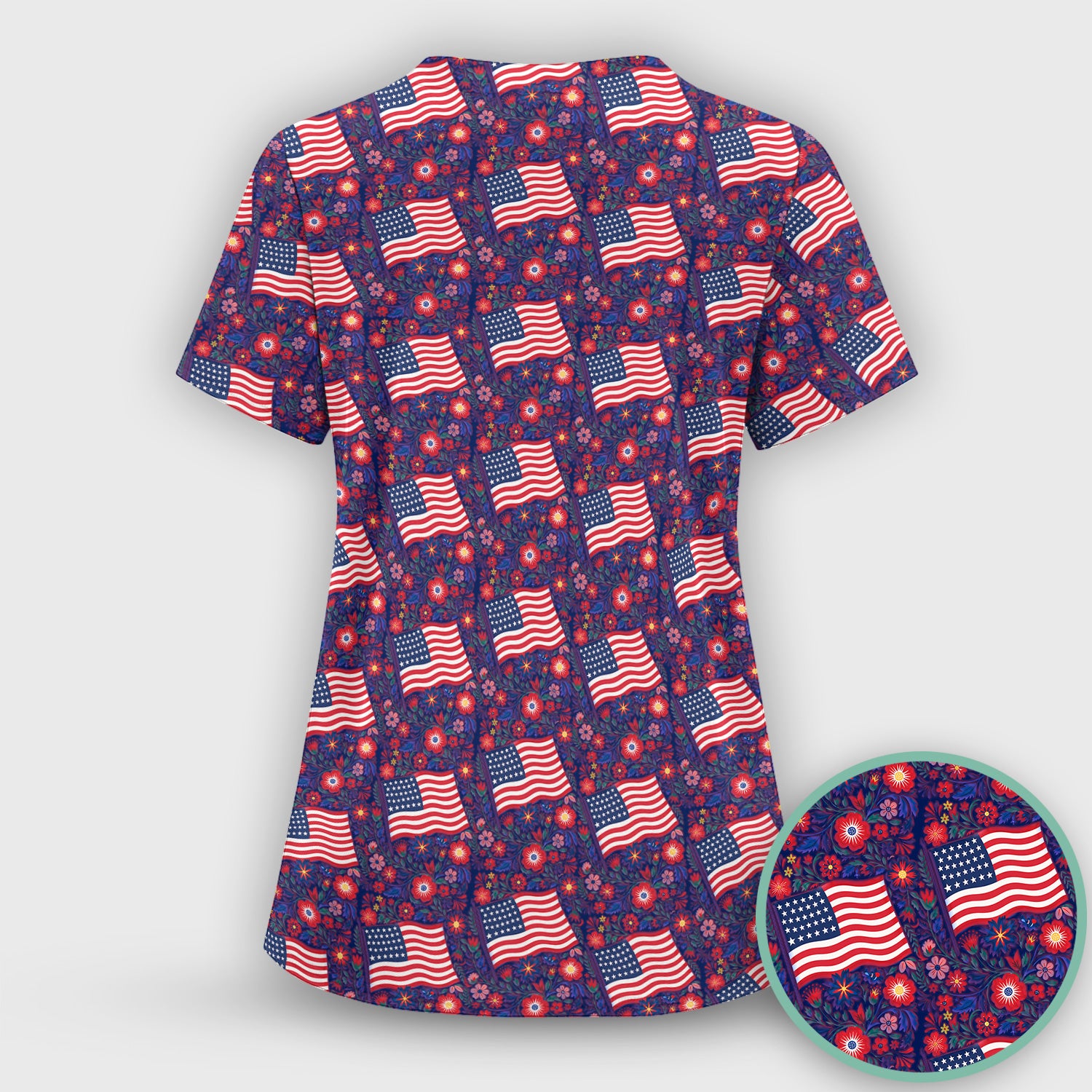 Patriotic USA Flag With Floral Fireworks Pattern Scrub Set, Scrub Pants and V Neck Top