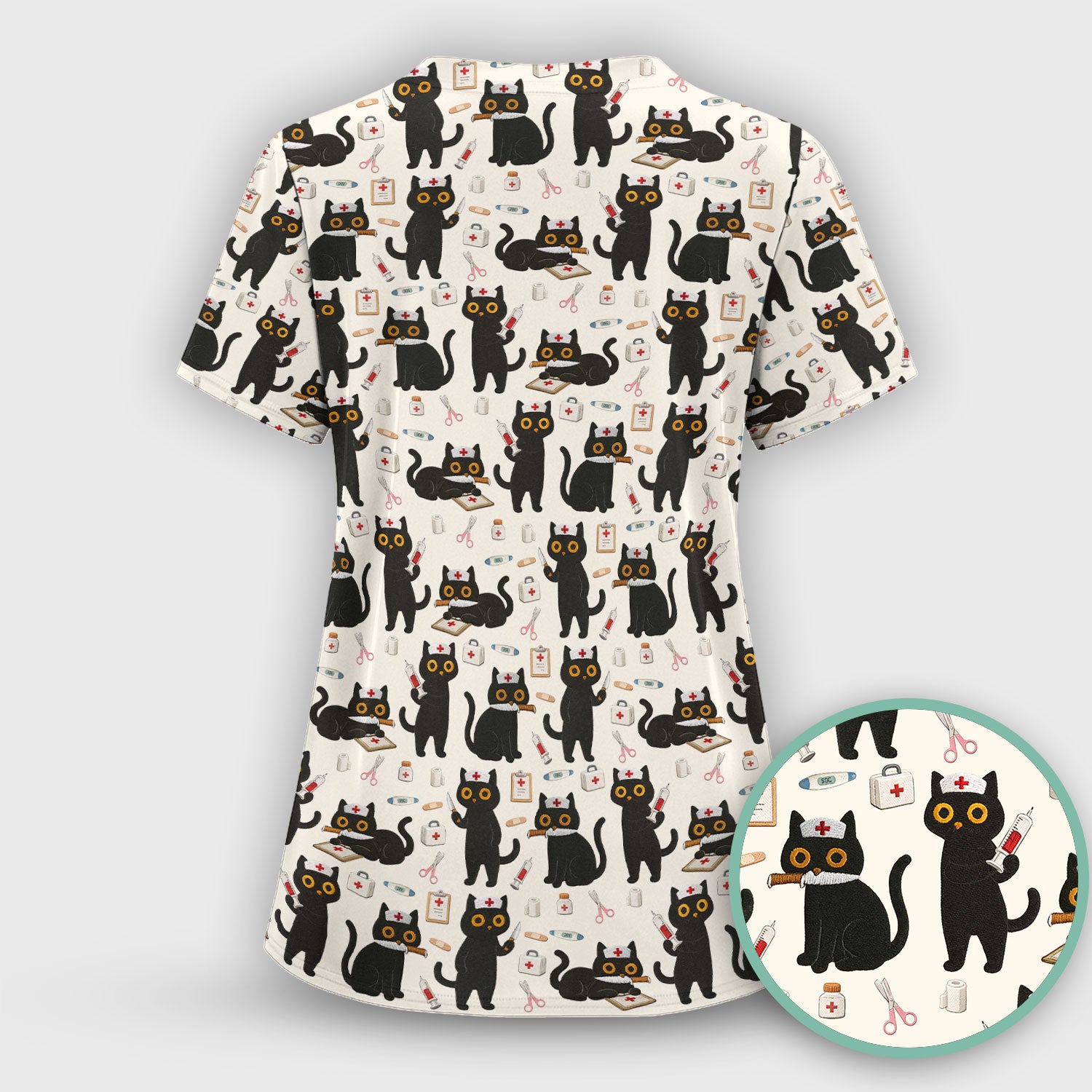 Cute Black Cat Nurse Pattern Women's Scrub Set, Breathable Med Uniform