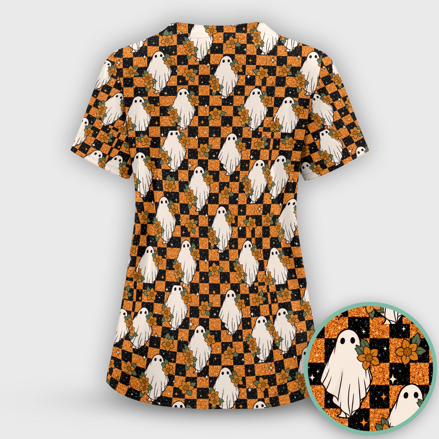 Spooky Halloween Ghost Checkerboard Scrub Top, Comfortable Scrubs for Nurses