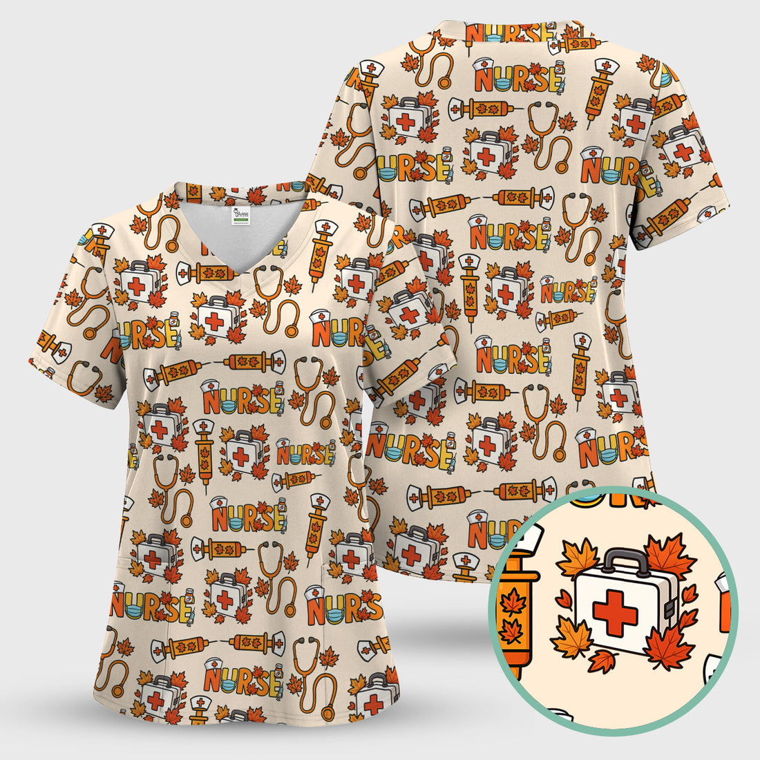 Autumn Nurse Scrub Top Multi Color - Fall Themed Nursing Shirt with Pockets - Cute Maple Leaf Medical Scrubs for Women
