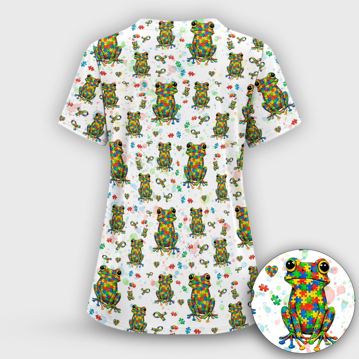 Colorful Autism Puzzle Frog Pattern Scrubs Top, Comfortable Scrubs for Nurses