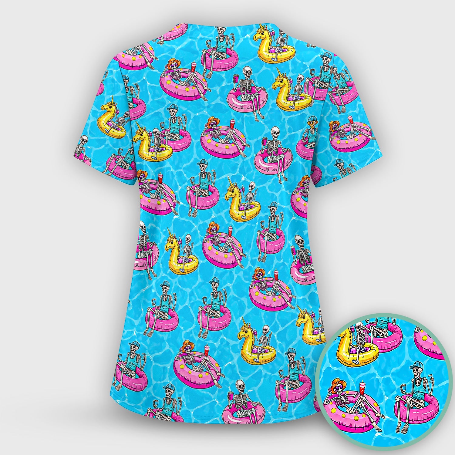 Summerween Skeleton with Pool Float Print Scrub Top, Comfortable Scrubs for Nurses