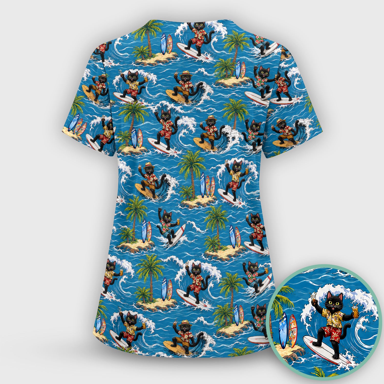 Tropical Black Cat Surfer Island Pattern Scrub Top, Comfortable Scrubs for Nurses