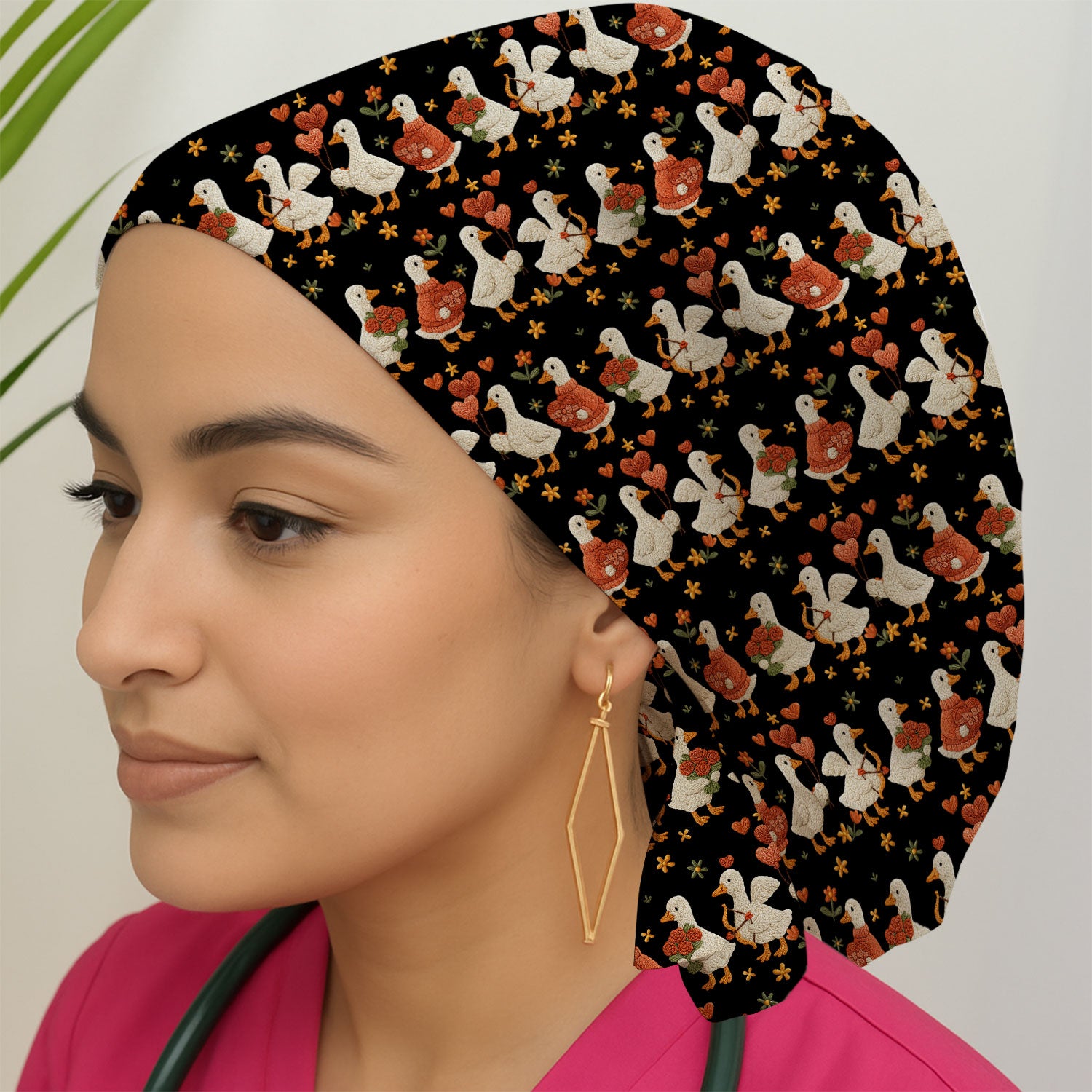 Cute Goose Nurse Scrub Cap, Valentine Farm Medical Pattern Hat, Breathable Fabrics Nursing Uniform