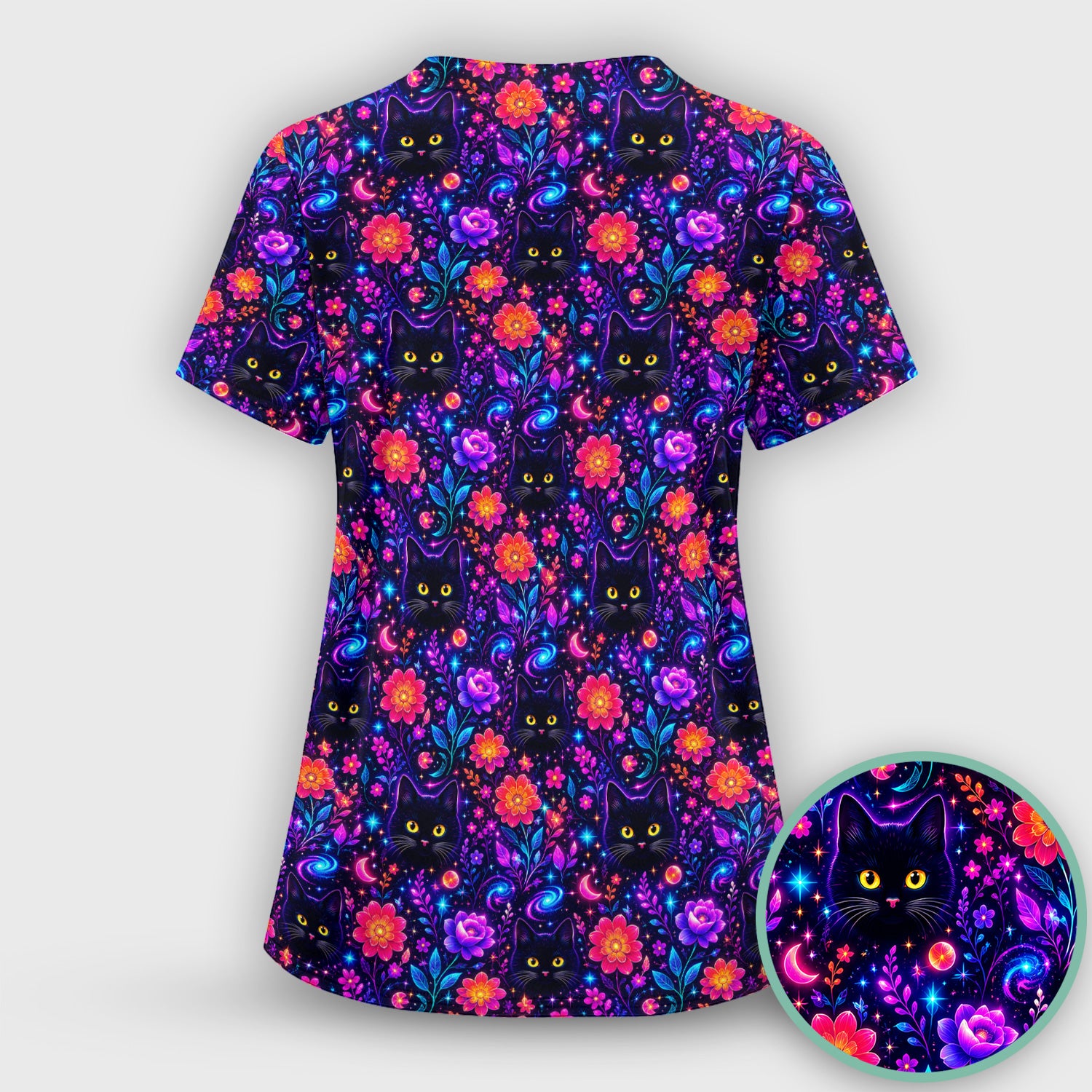 Galaxy Black Cat Floral Pattern Scrub Set, Scrub Pants and V Neck Top
