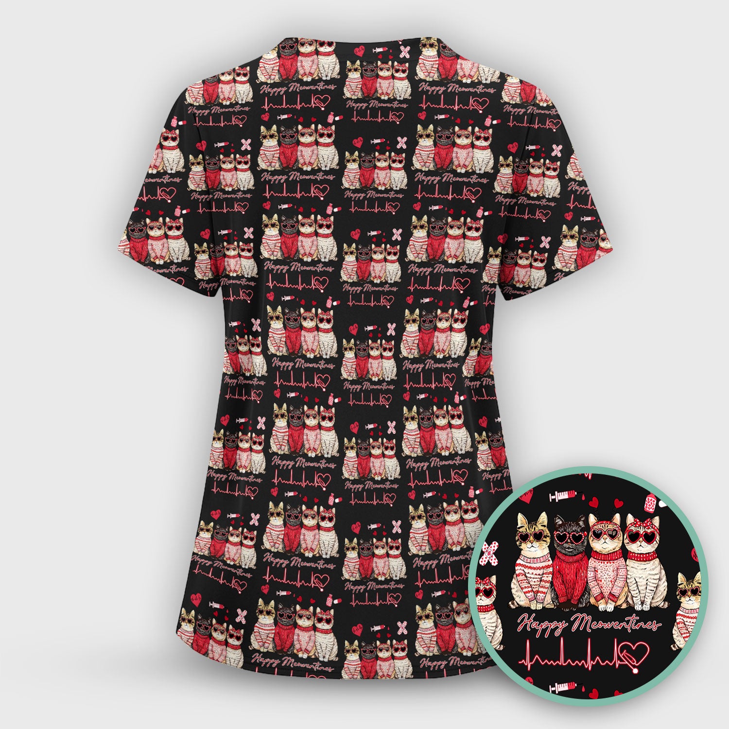 Happy Meowtines Cat Pattern Scrub Top, Valentine Cat Lover Nurse Scrub Shirt, Heartbeat Medical Pattern Nursing Uniform