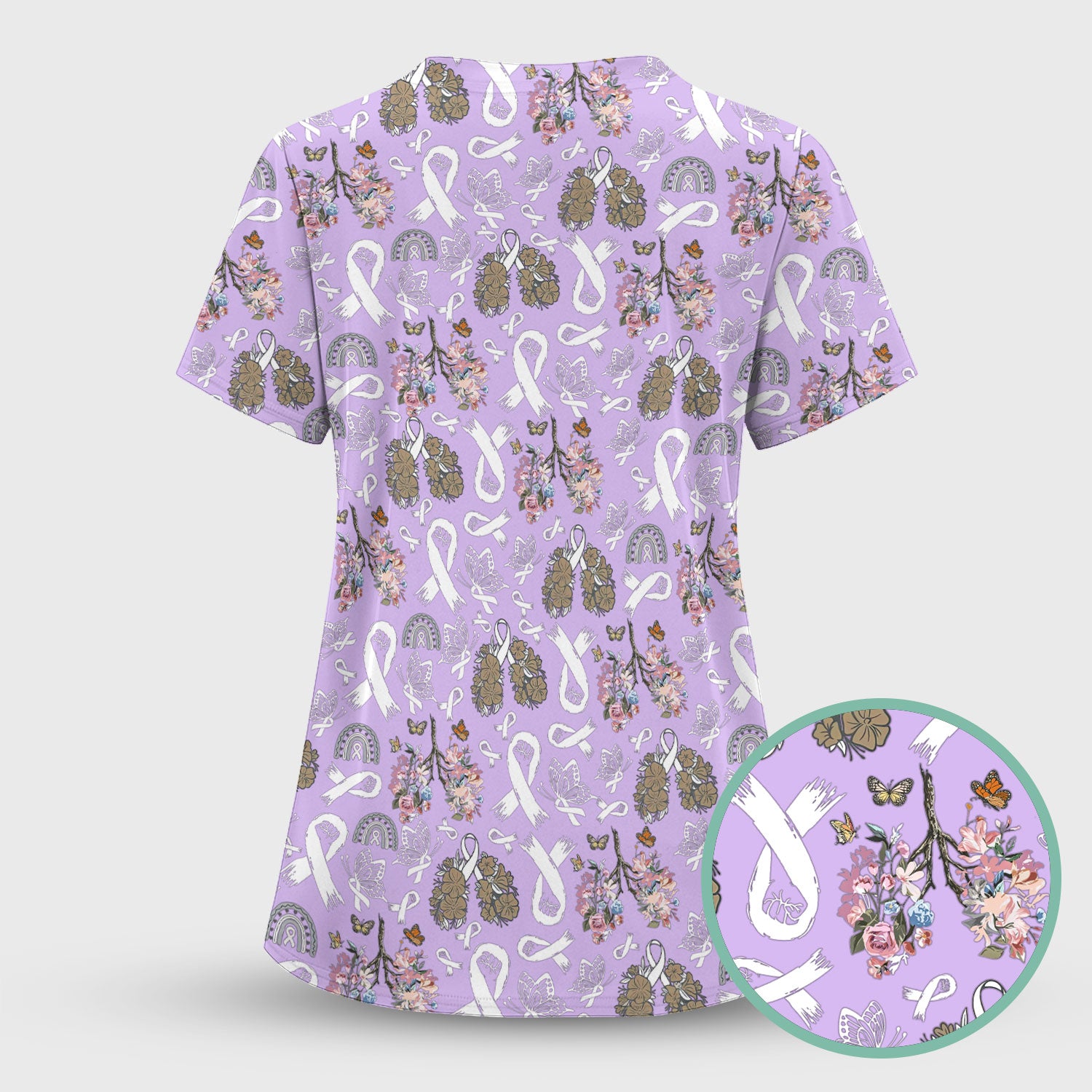 Lung Cancer Awareness Scrub Top for Women - White Ribbon Butterfly Floral Medical Uniform - Comfortable Scrubs for Nurses