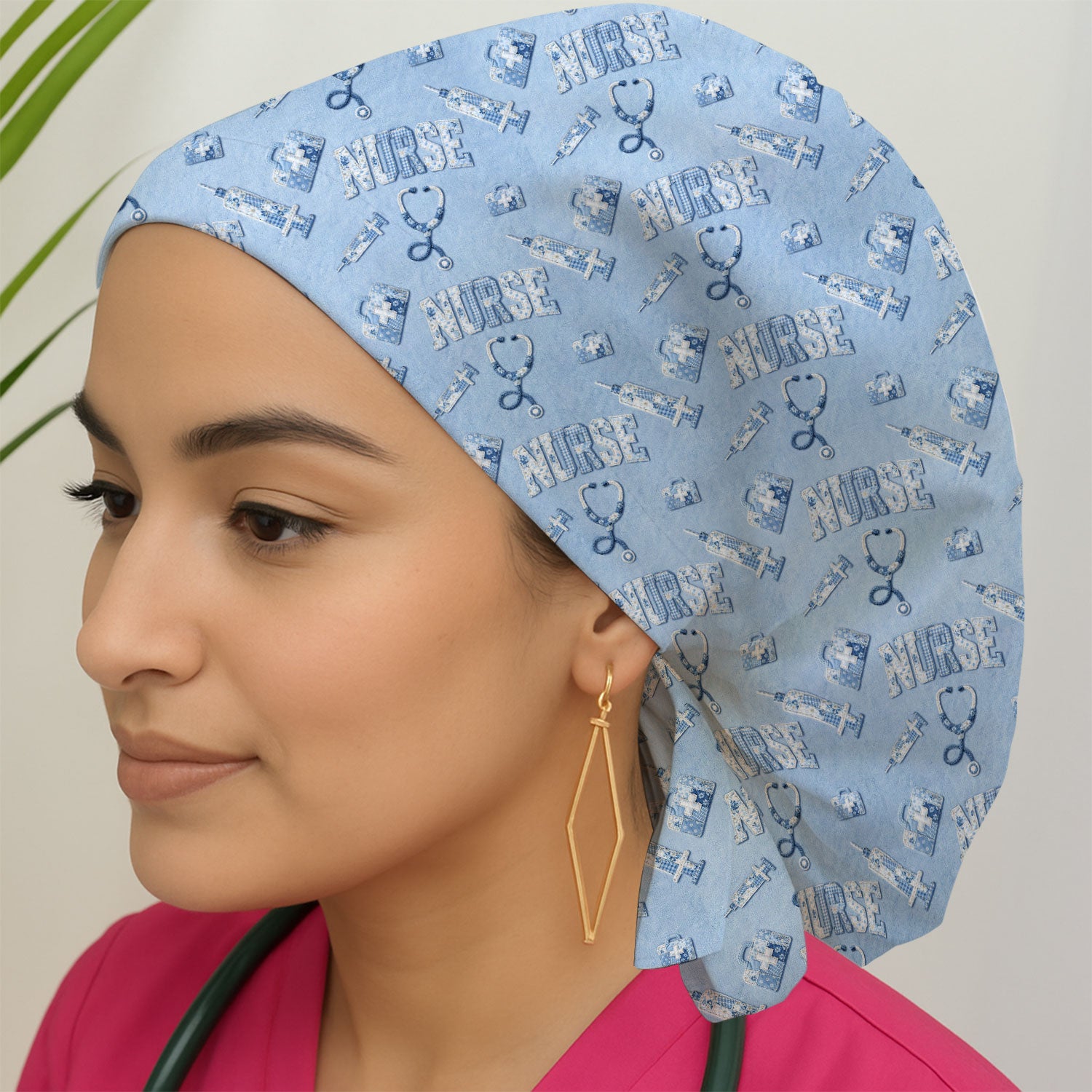 Blue Nurse Medical Pattern Scrub Cap, Breathable Fabrics Caps Uniform