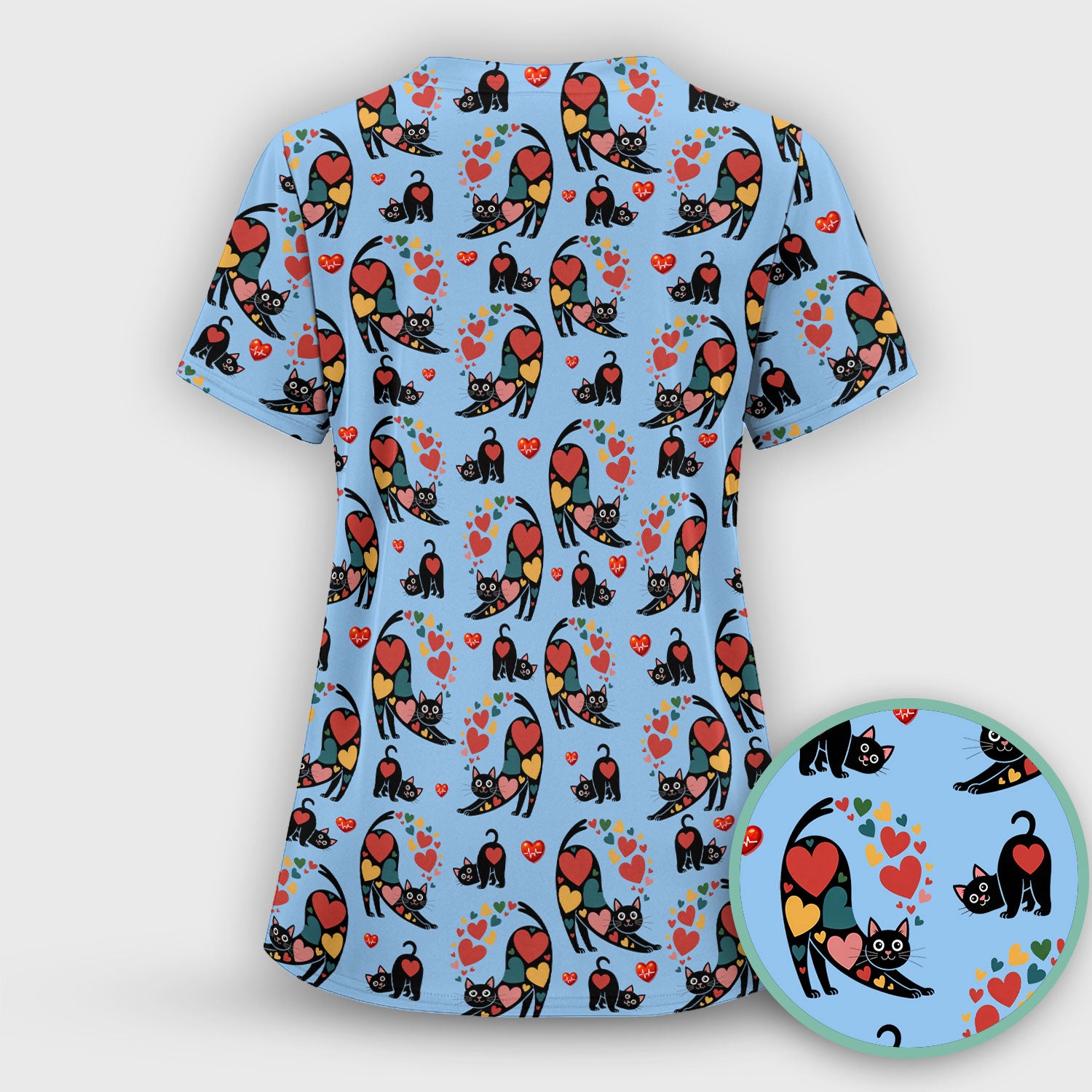 Playful Cat Valentine Heart Print Nurse Scrub Top, Comfortable Scrubs for Nurses