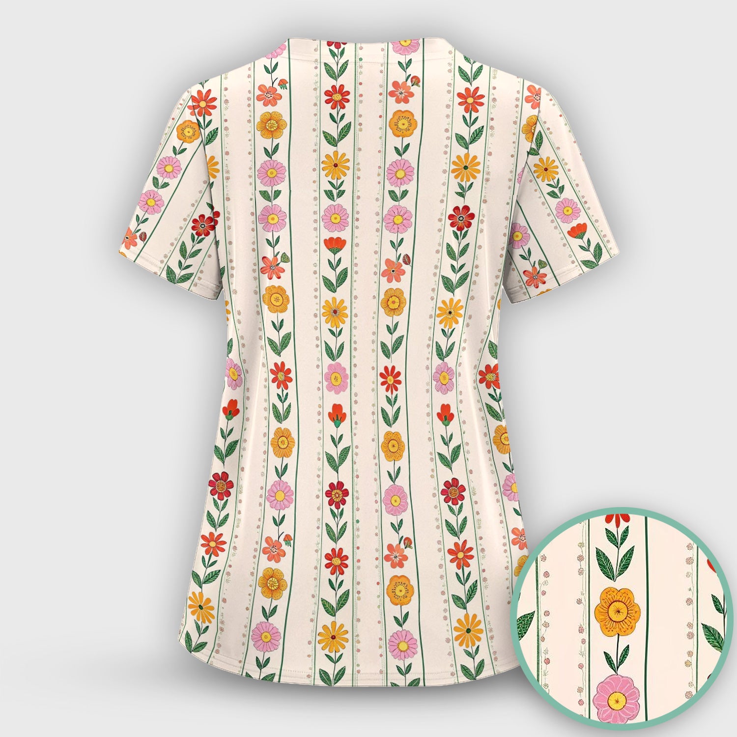 Retro Floral Stripe Print Scrub Set, Scrub Pants and V Neck Top