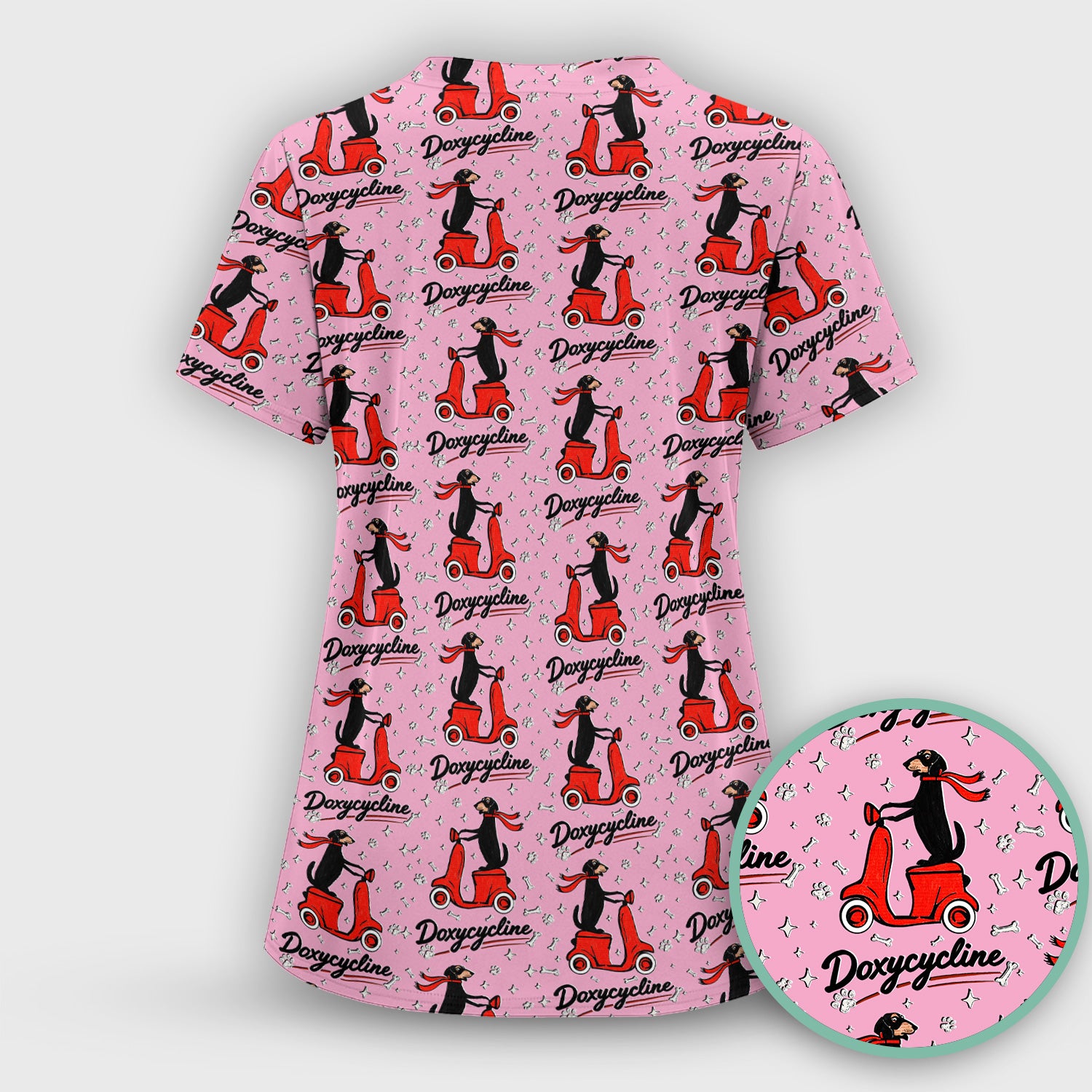 Funny Dachshund Riding Scooter Doxycycline Print Scrub Top ,Comfortable Scrubs for Nurses
