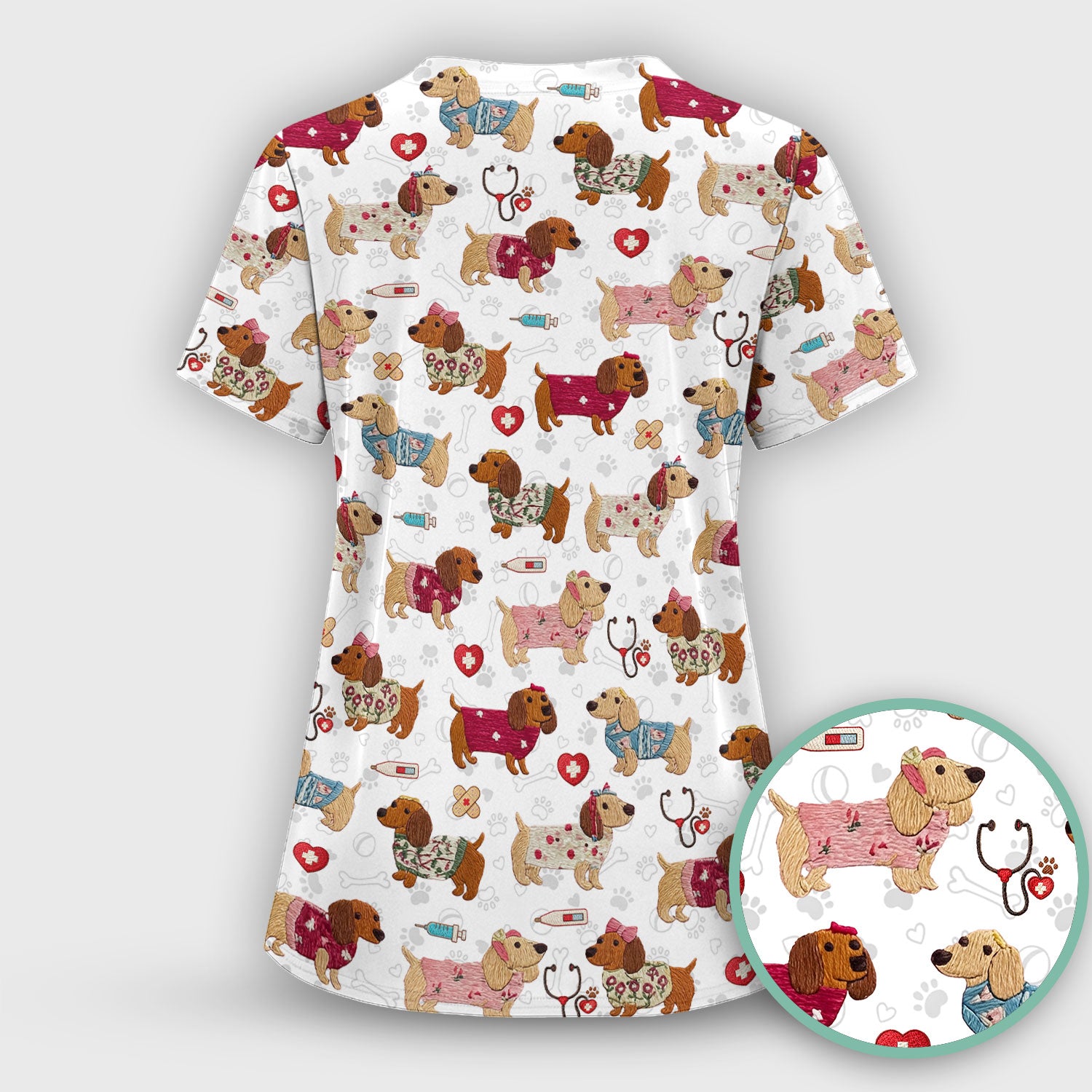Cute Medical Wiener Dog Pattern Nurse Shirt, Dachshund Nursing Scrub Set, Breathable Fabrics Nursing Uniform