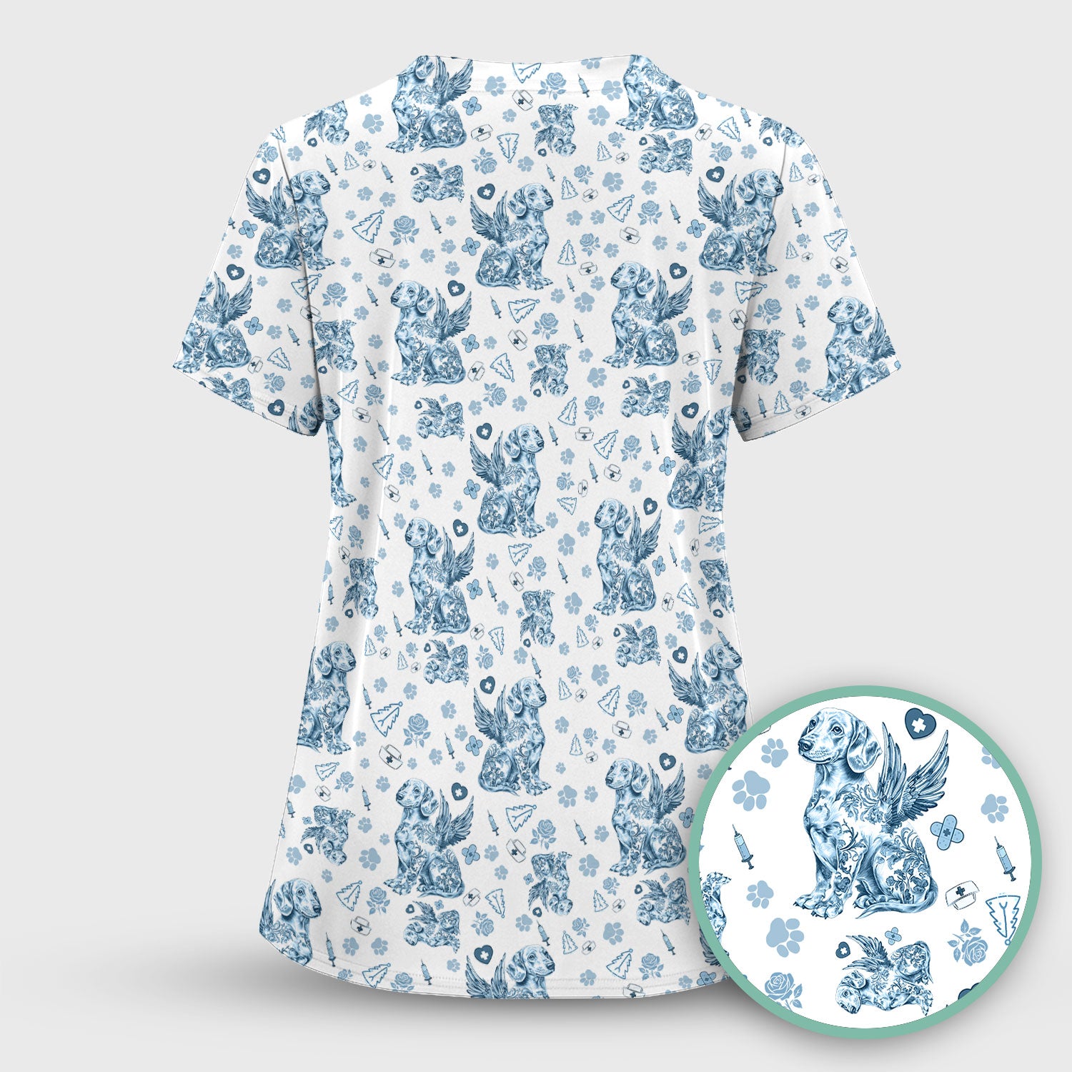 Toile de Jouy Dachshund Angel Scrub Top - Blue Vintage Dog Nurse Shirt - Memorial Christmas Gift