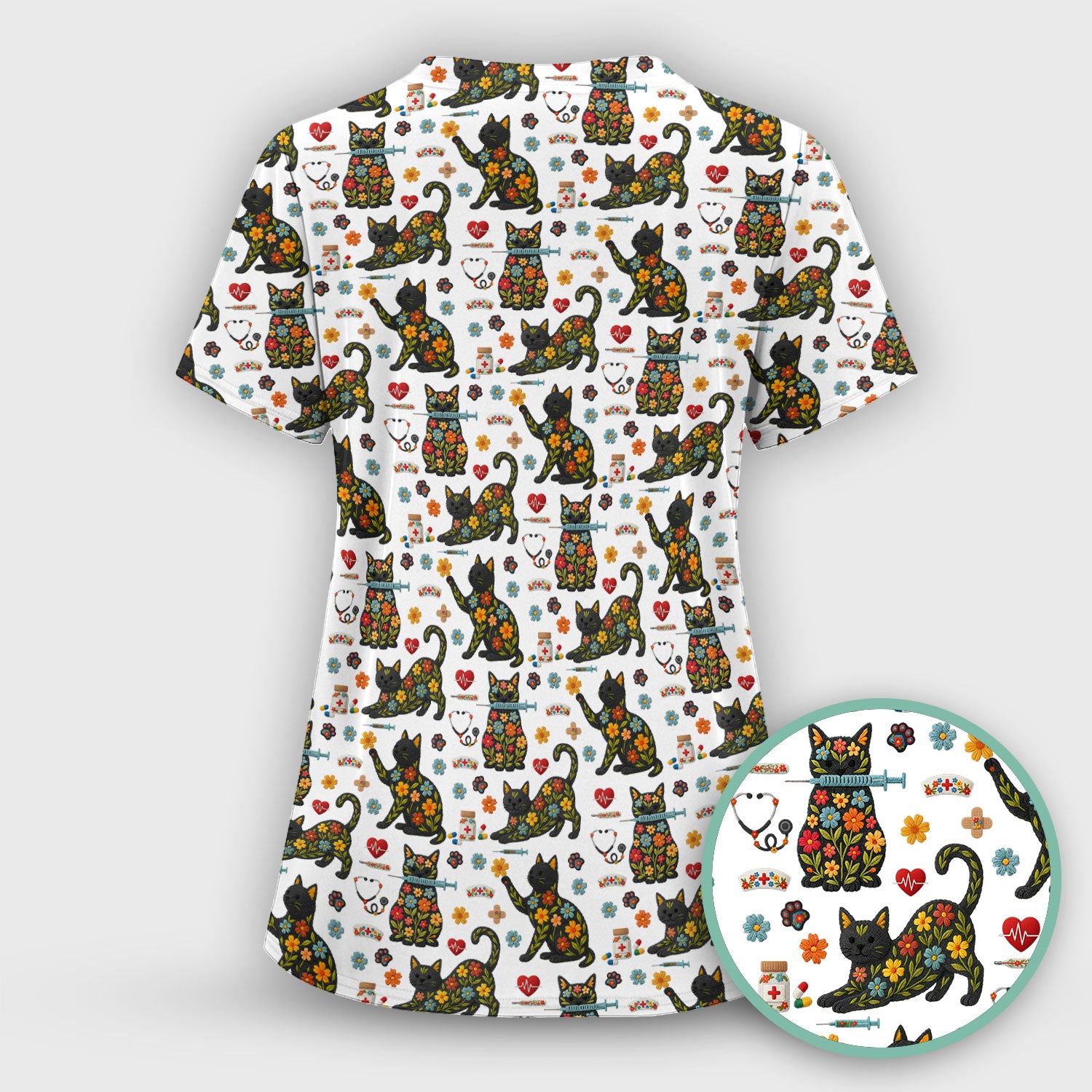 Floral Black Cat Pattern Scrub Top, Cute Cat Nurse Scrub Shirt, Medical Nursing Uniform
