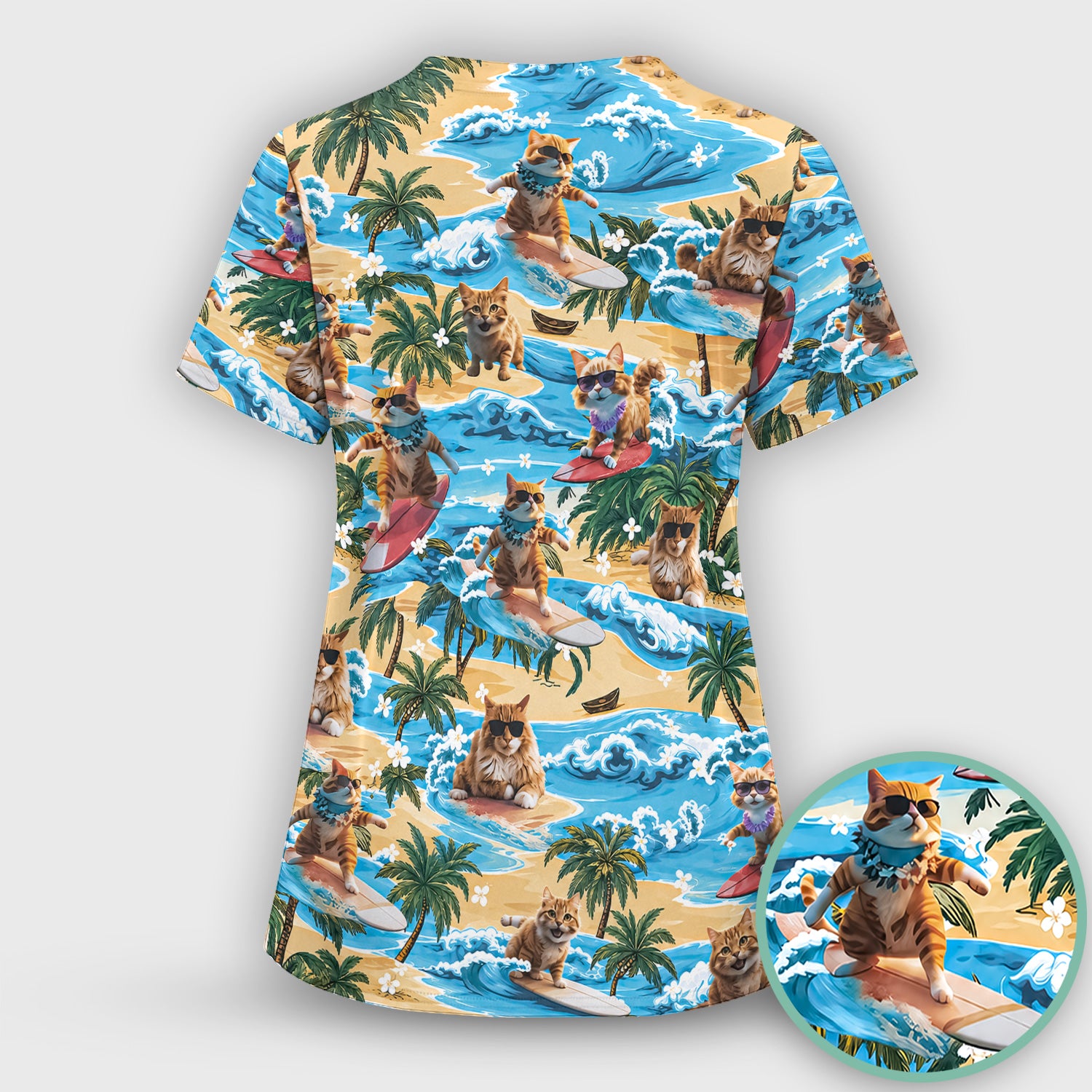 Tropical Surfing Cat with Beach Wave Island Print Scrub Top, Comfortable Scrubs for Nurses
