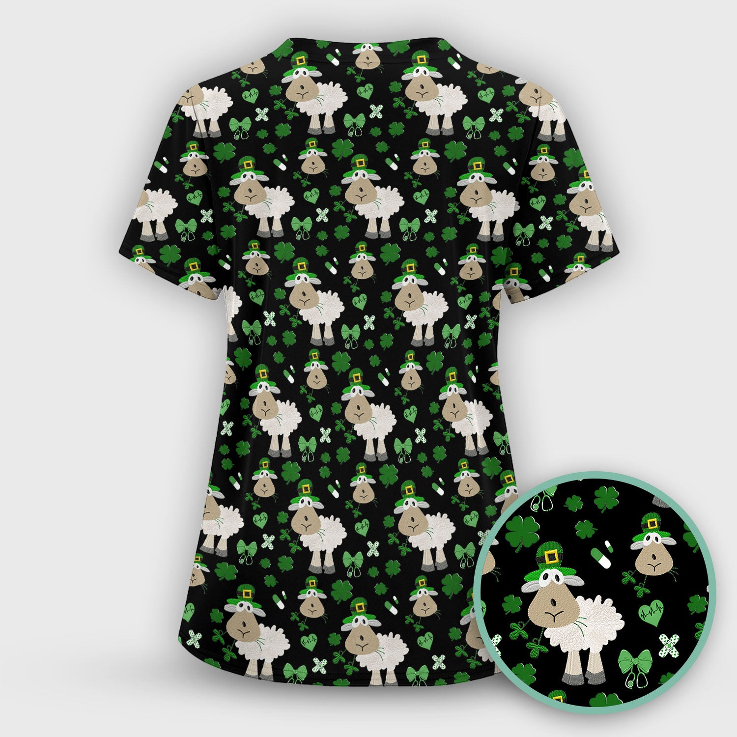 Nurse St. Patrick Scrubs Top, Cute Sheep Shamrock Pattern Nurse Shirt, Breathable Fabrics Nursing Uniform