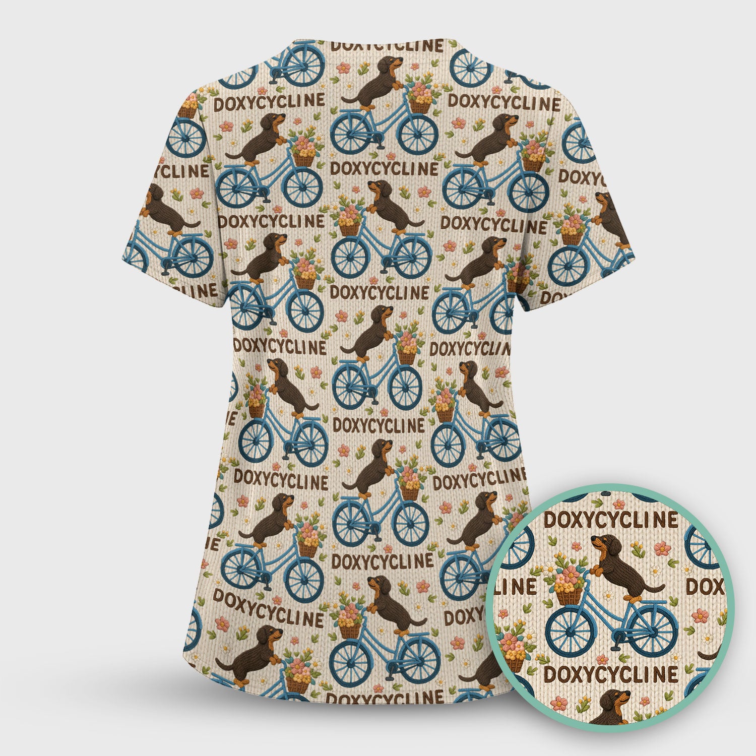 Doxycycline Pharmacy Pun Scrub Top - Dachshund on Bicycle Pharmacists Shirt - Veterinary Technicians Gift