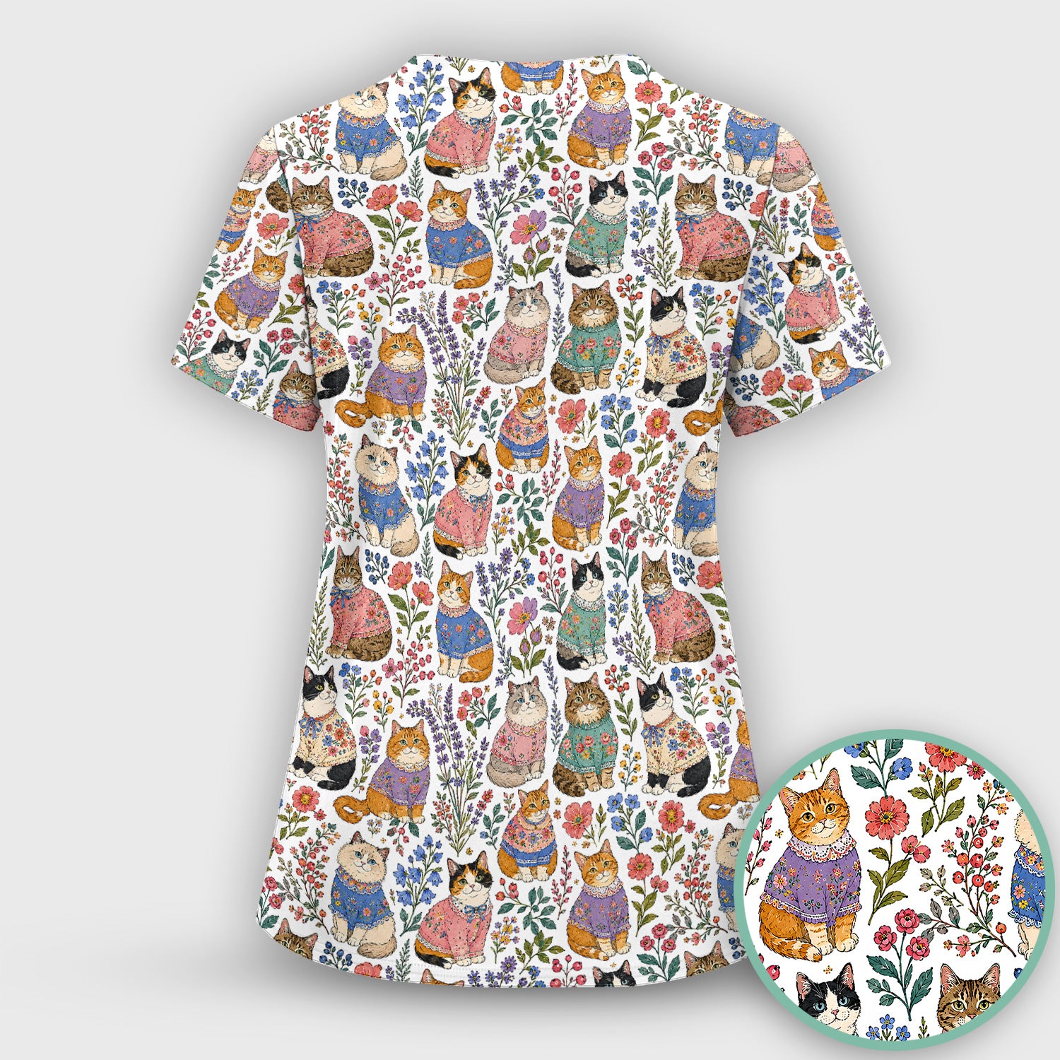 Cute Floral Cat Pattern Scrub Set, Scrub Pants and V Neck Top