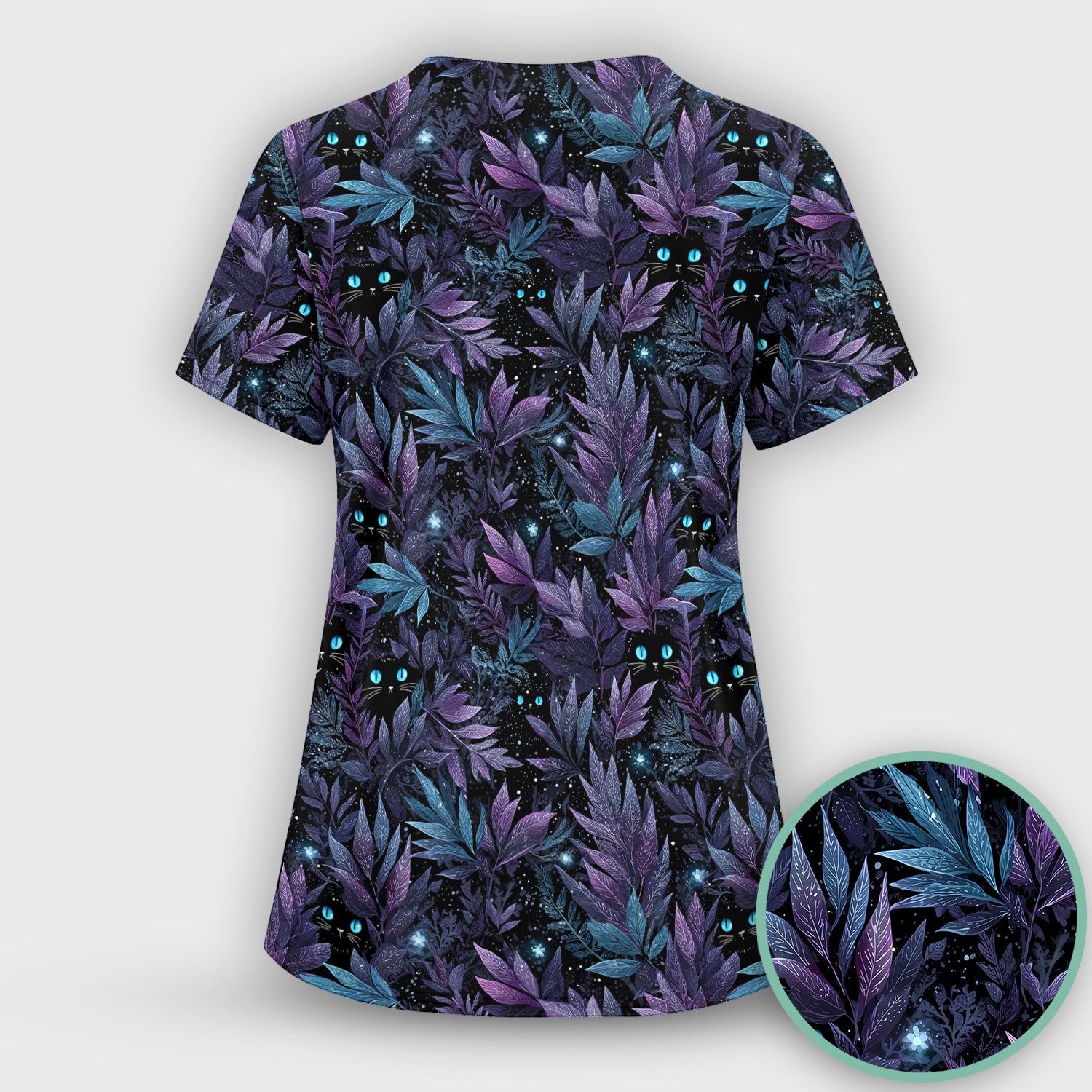 Mystic Black Cat Veterinary Pattern Scrub Set, Scrub Pants and V Neck Top